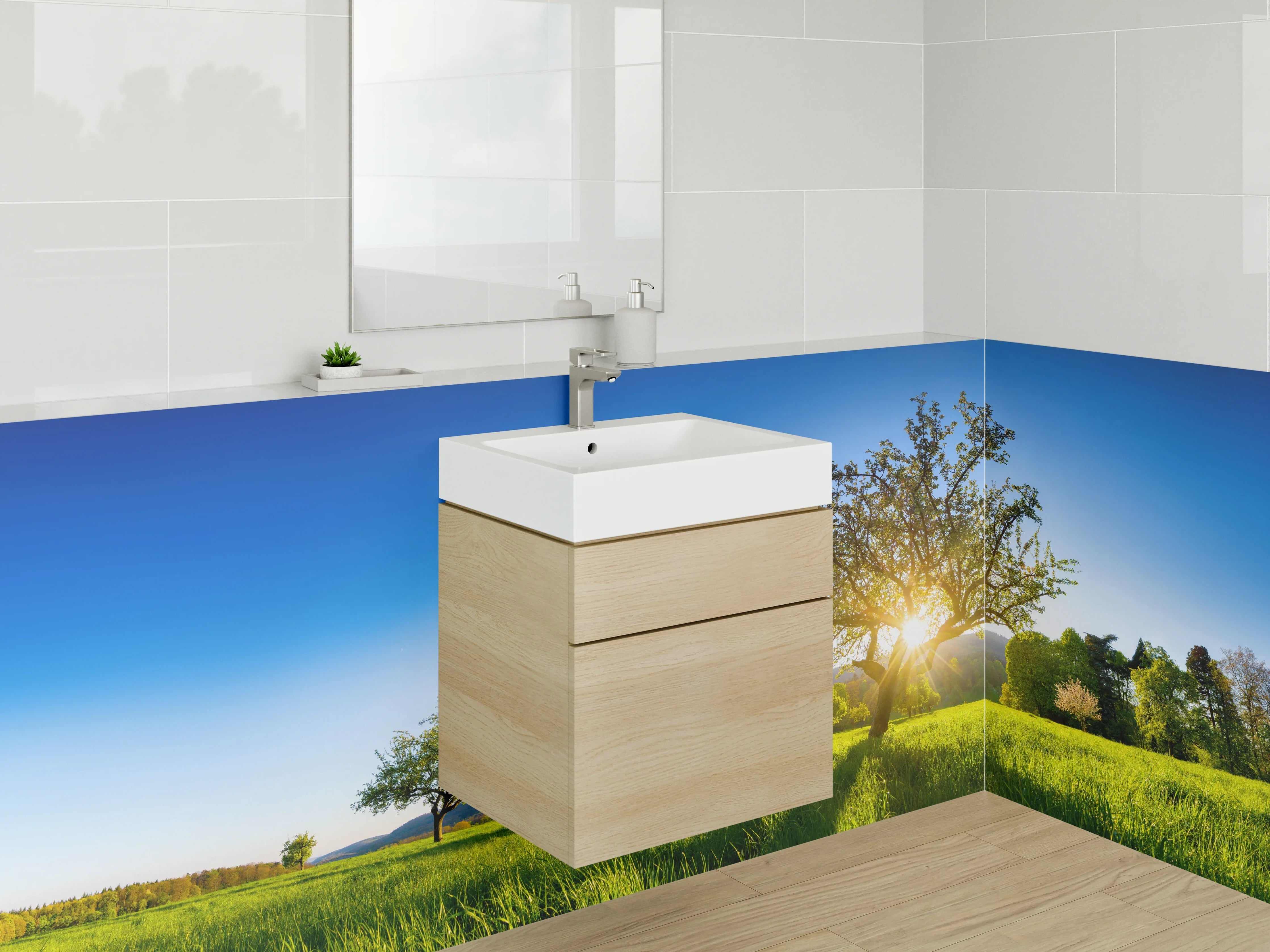 Waschbecken-Rückwand - Sonnenaufgang über grüner Frühlingswiese