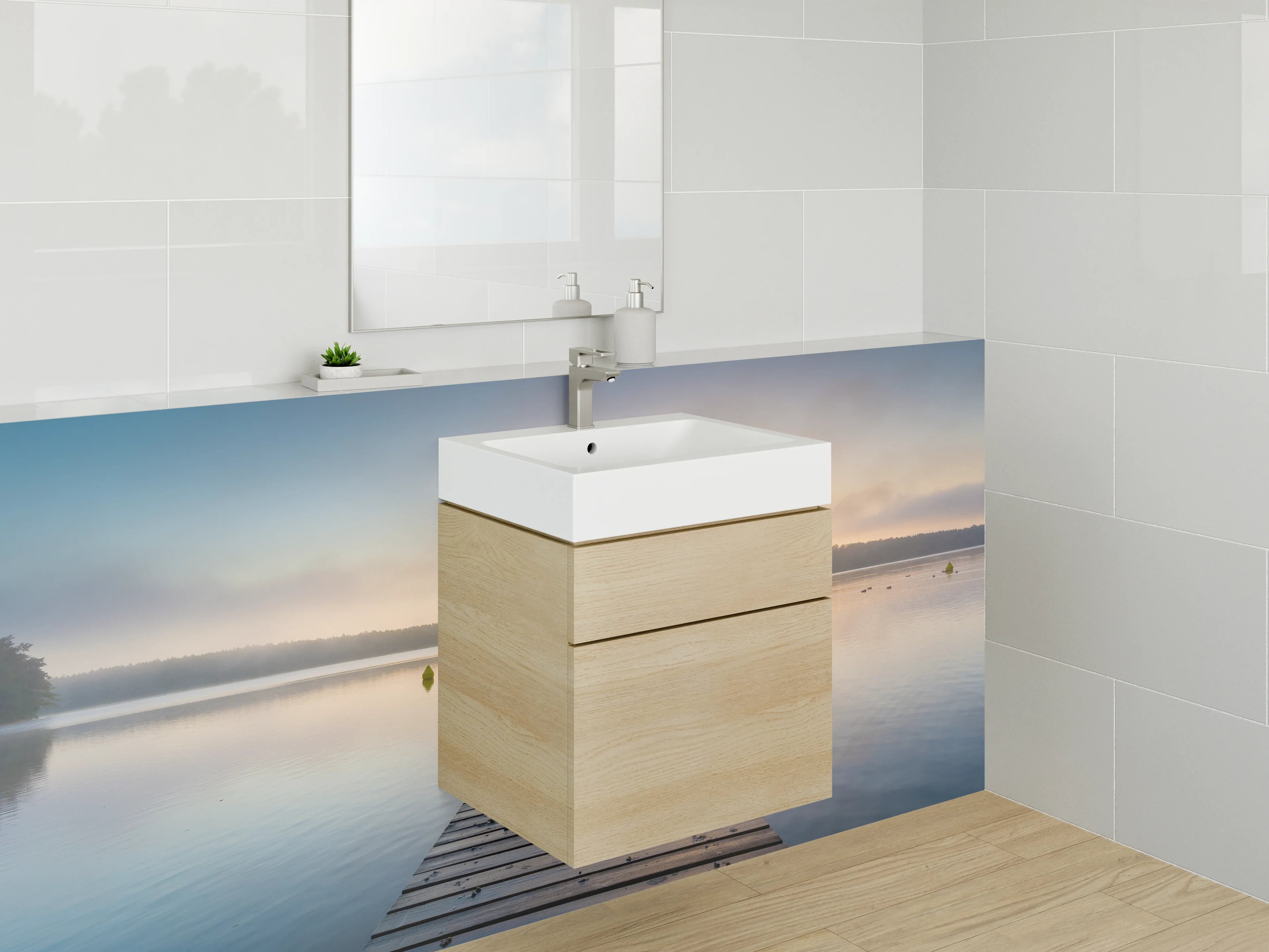 Waschbecken-Rückwand - Sonnenaufgang über ruhigem See mit Steg
