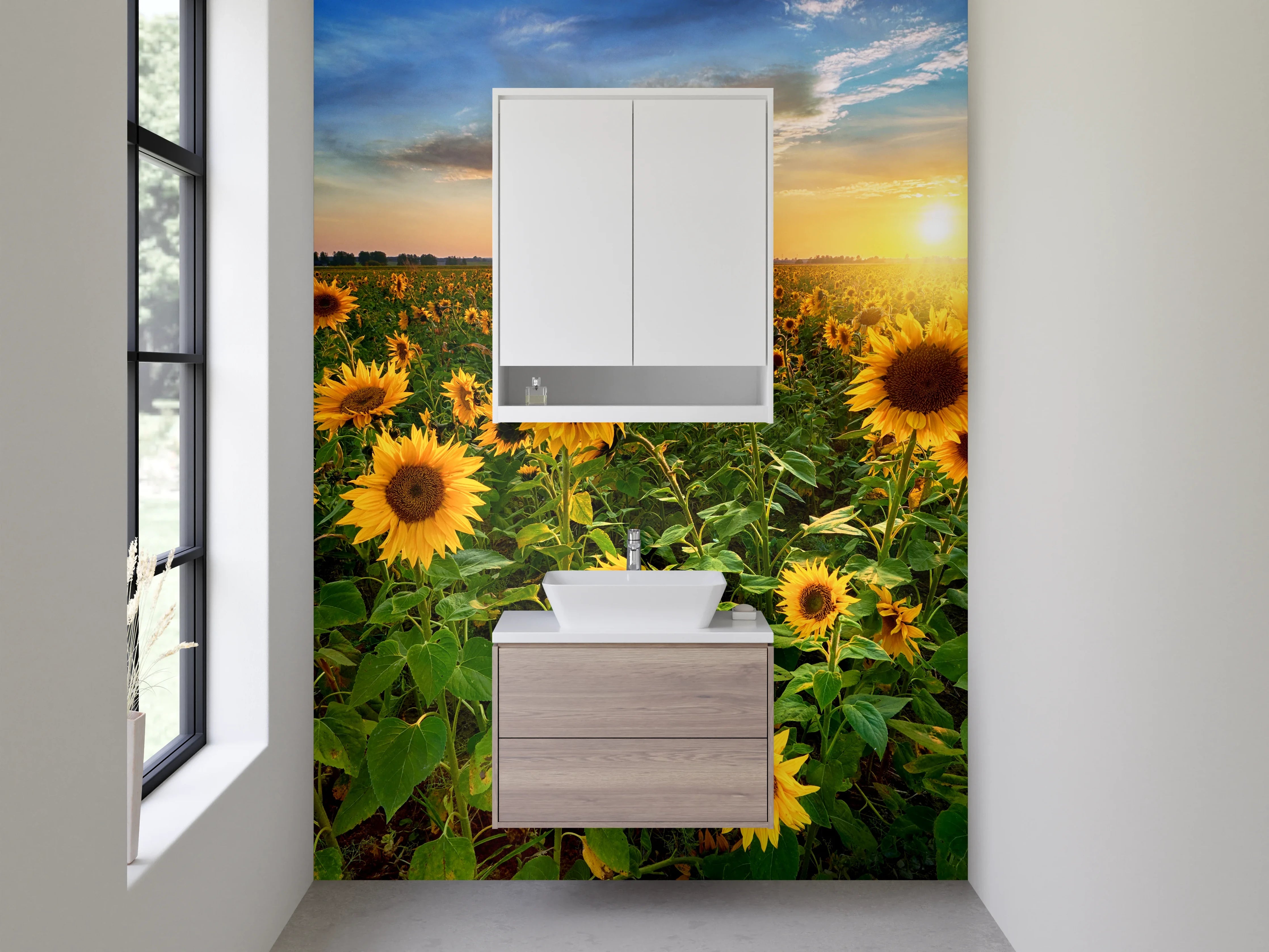 Waschbecken-Rückwand - Sonnenblumenfeld bei Sonnenuntergang