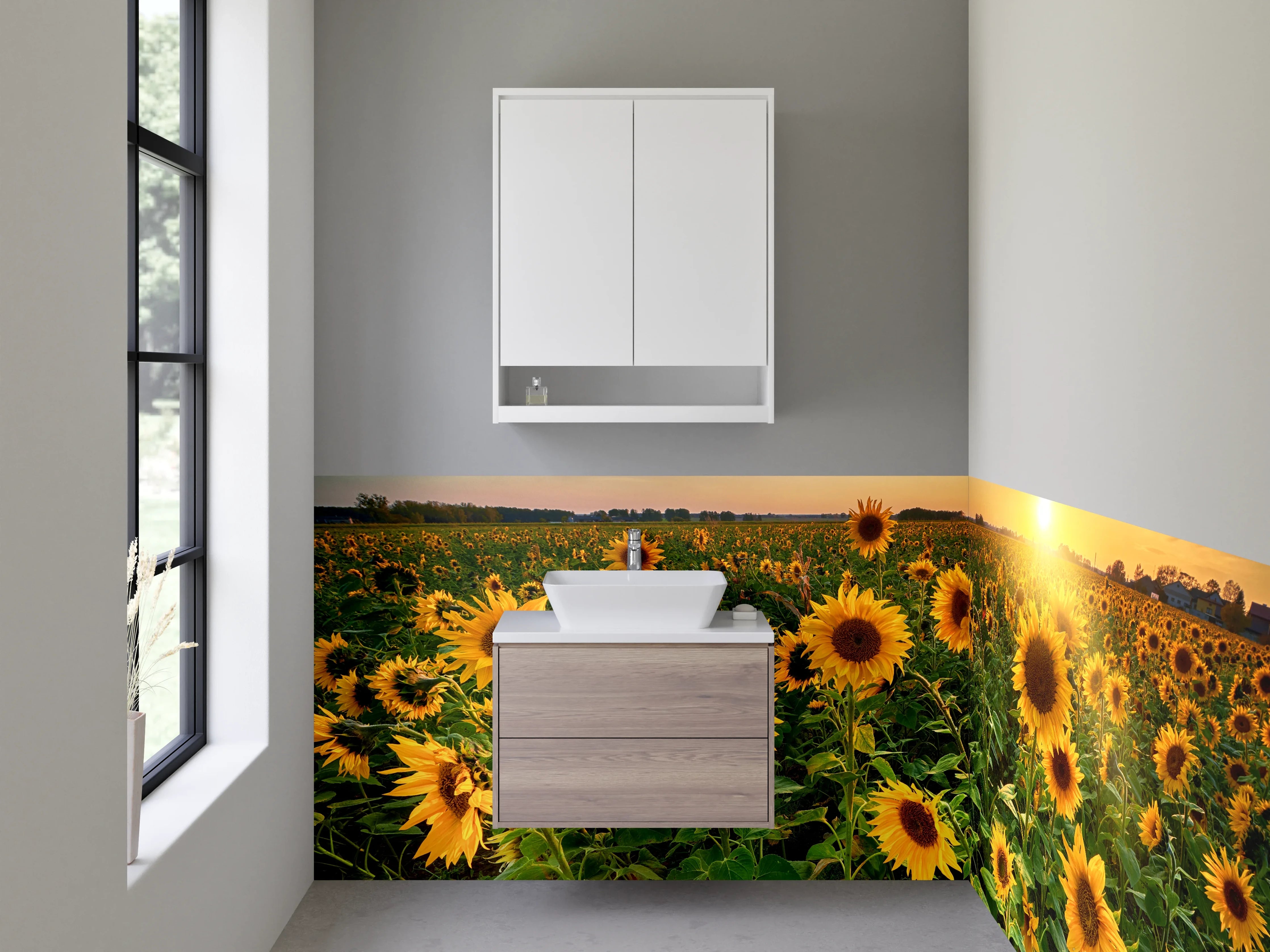 Waschbecken-Rückwand - Sonnenblumenfeld bei Sonnenuntergang