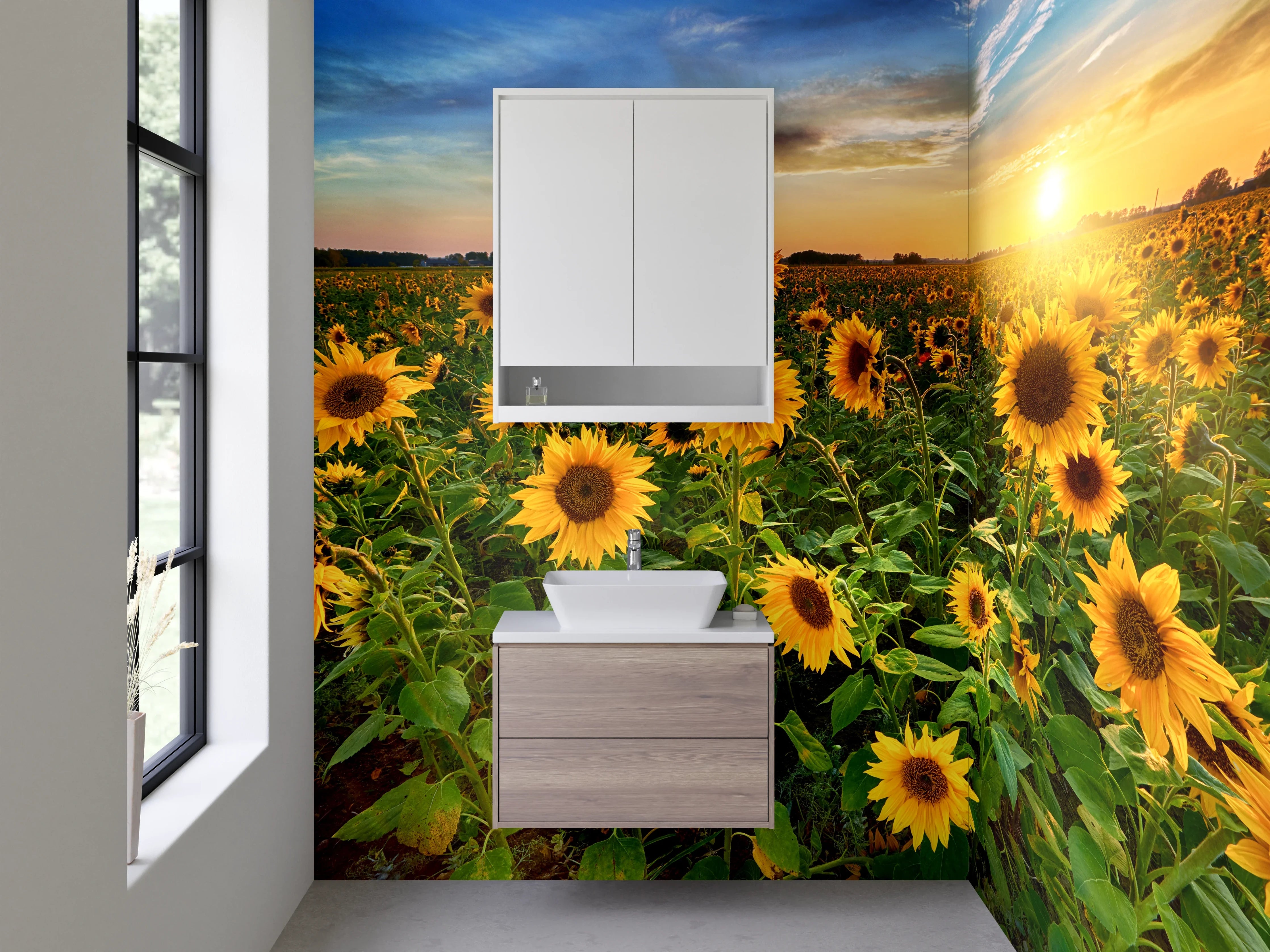 Waschbecken-Rückwand - Sonnenblumenfeld bei Sonnenuntergang
