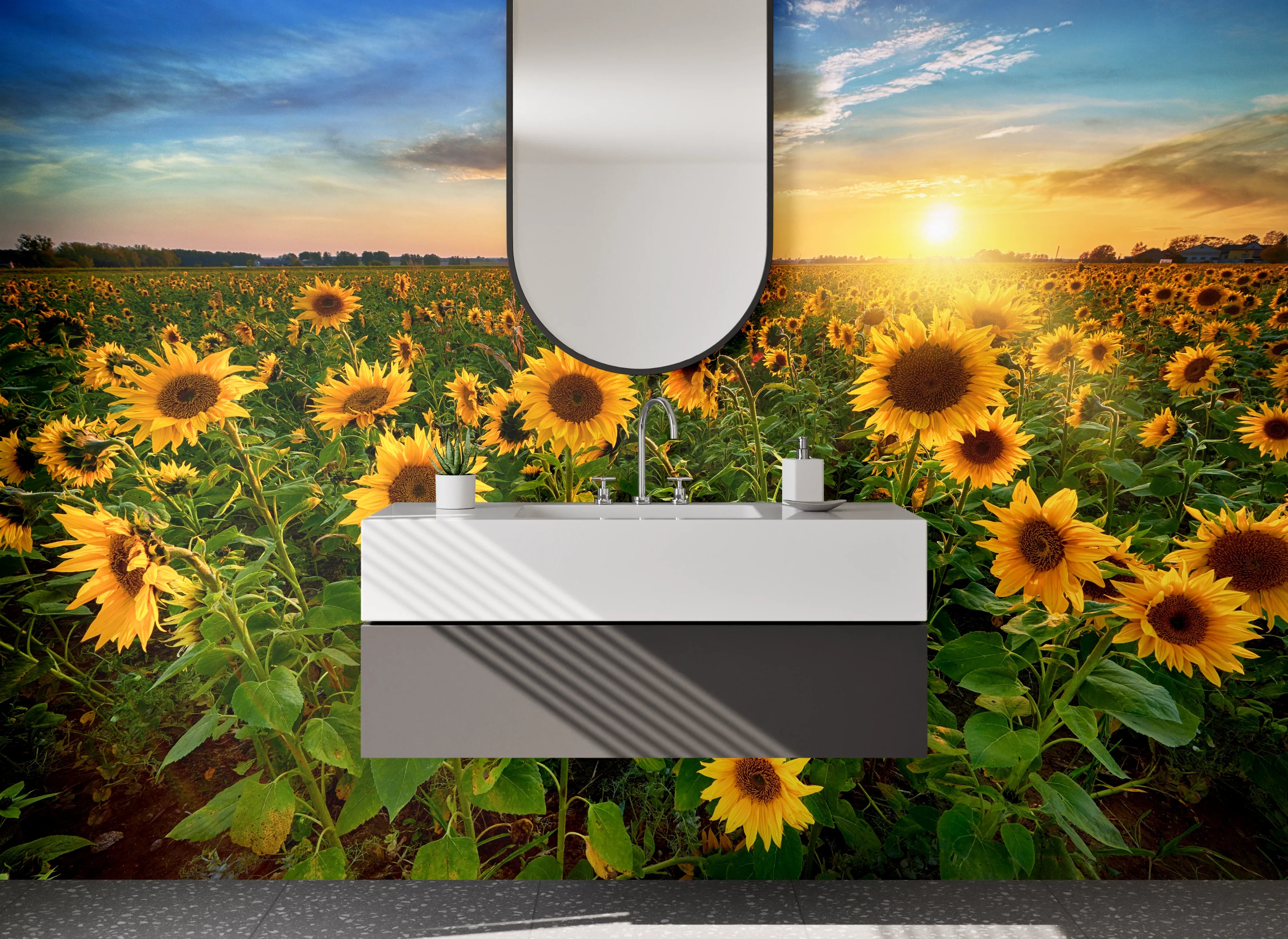 Waschbecken-Rückwand - Sonnenblumenfeld bei Sonnenuntergang