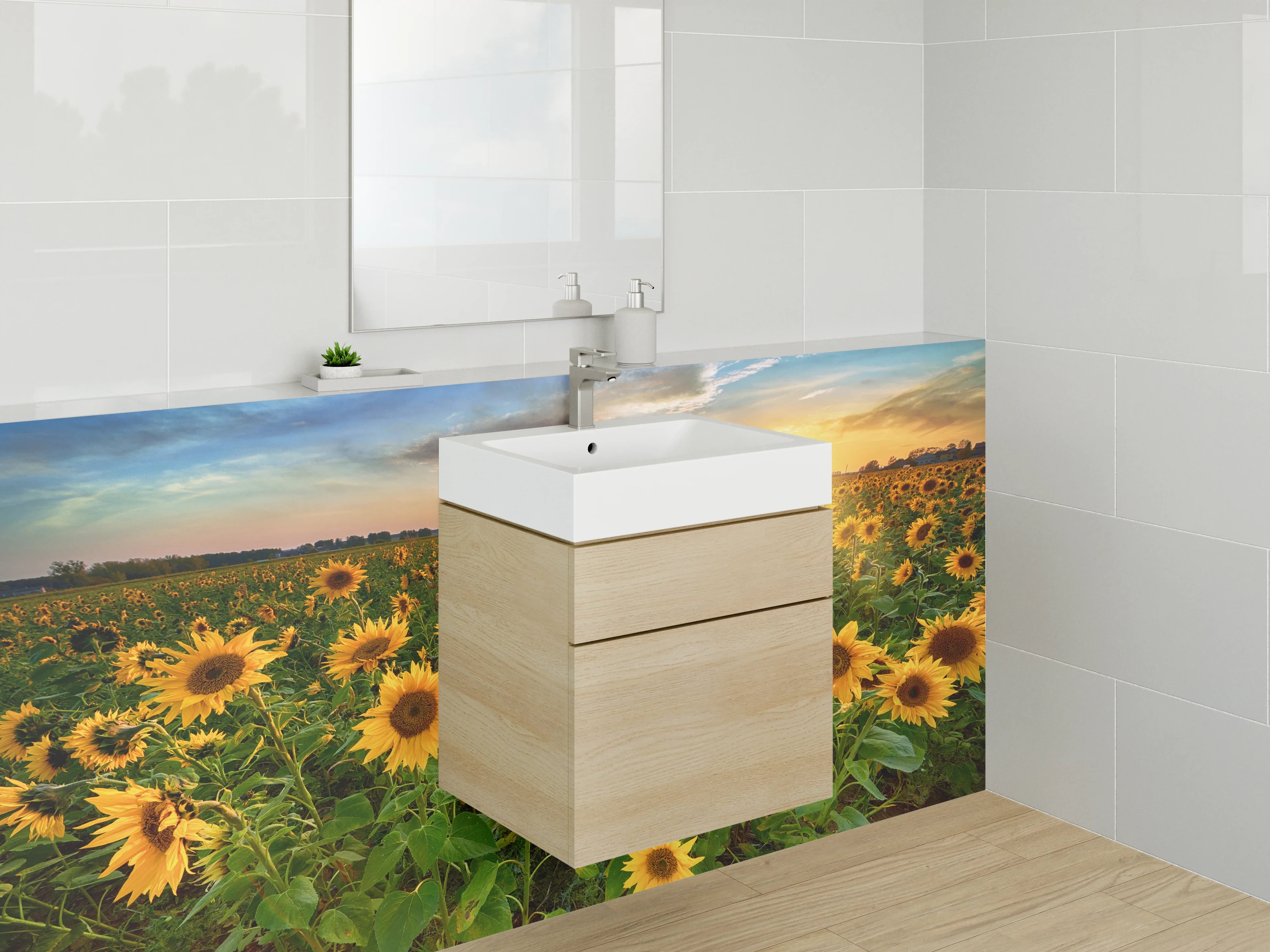 Waschbecken-Rückwand - Sonnenblumenfeld bei Sonnenuntergang