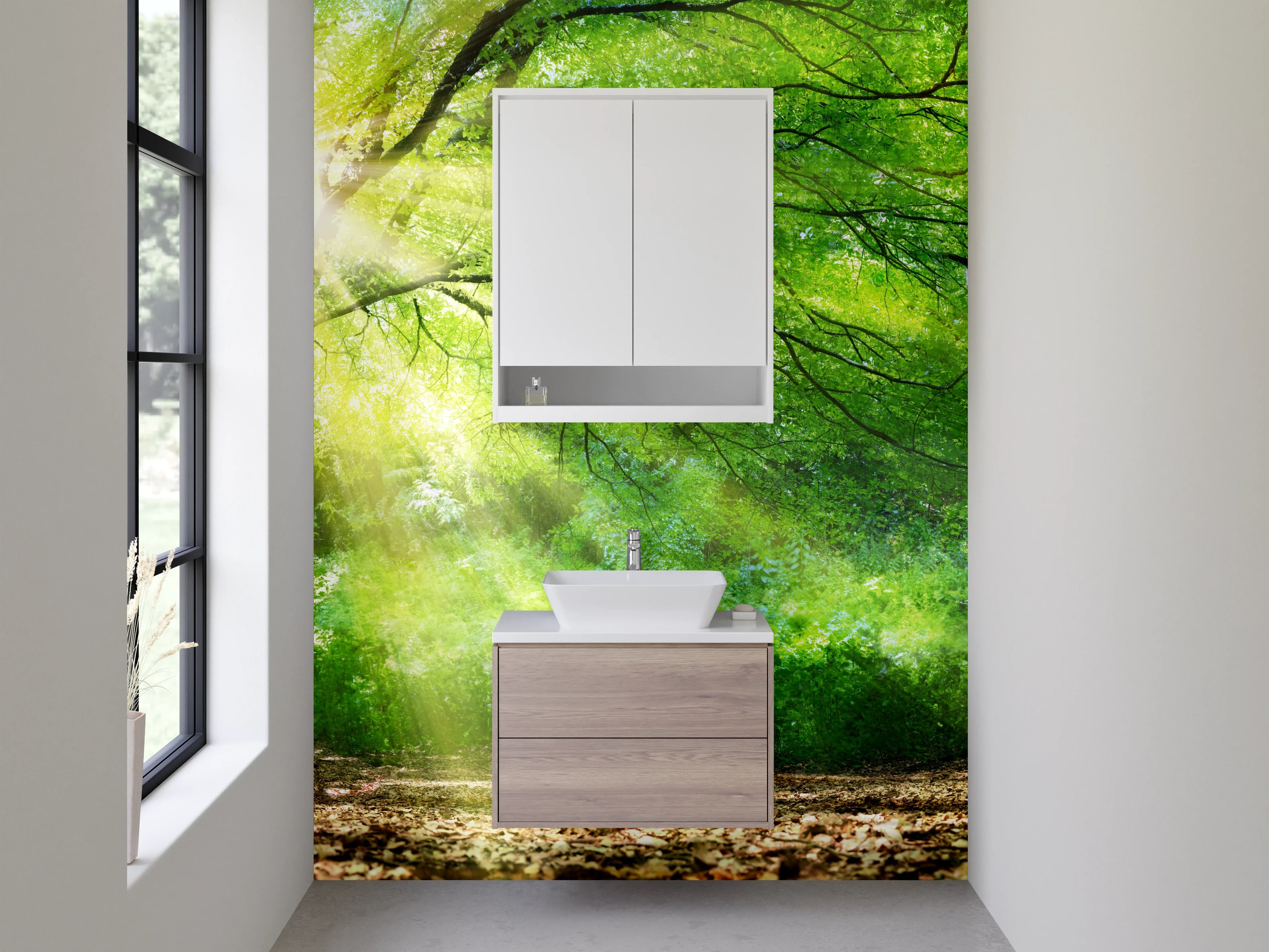 Waschbecken-Rückwand - Sonnenstrahlen im Frühlingswald Naturmotiv