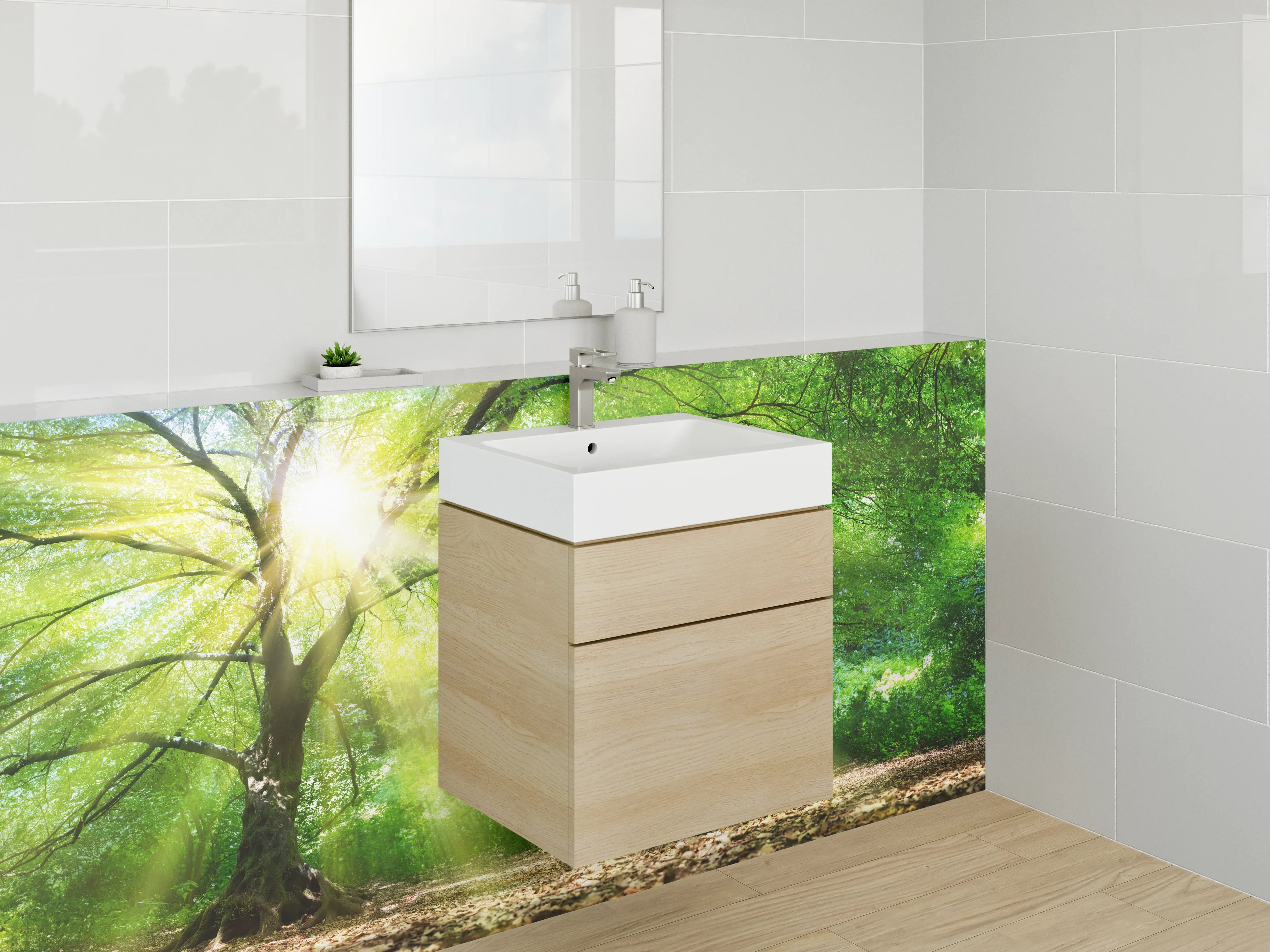 Waschbecken-Rückwand - Sonnenstrahlen im Frühlingswald Naturmotiv