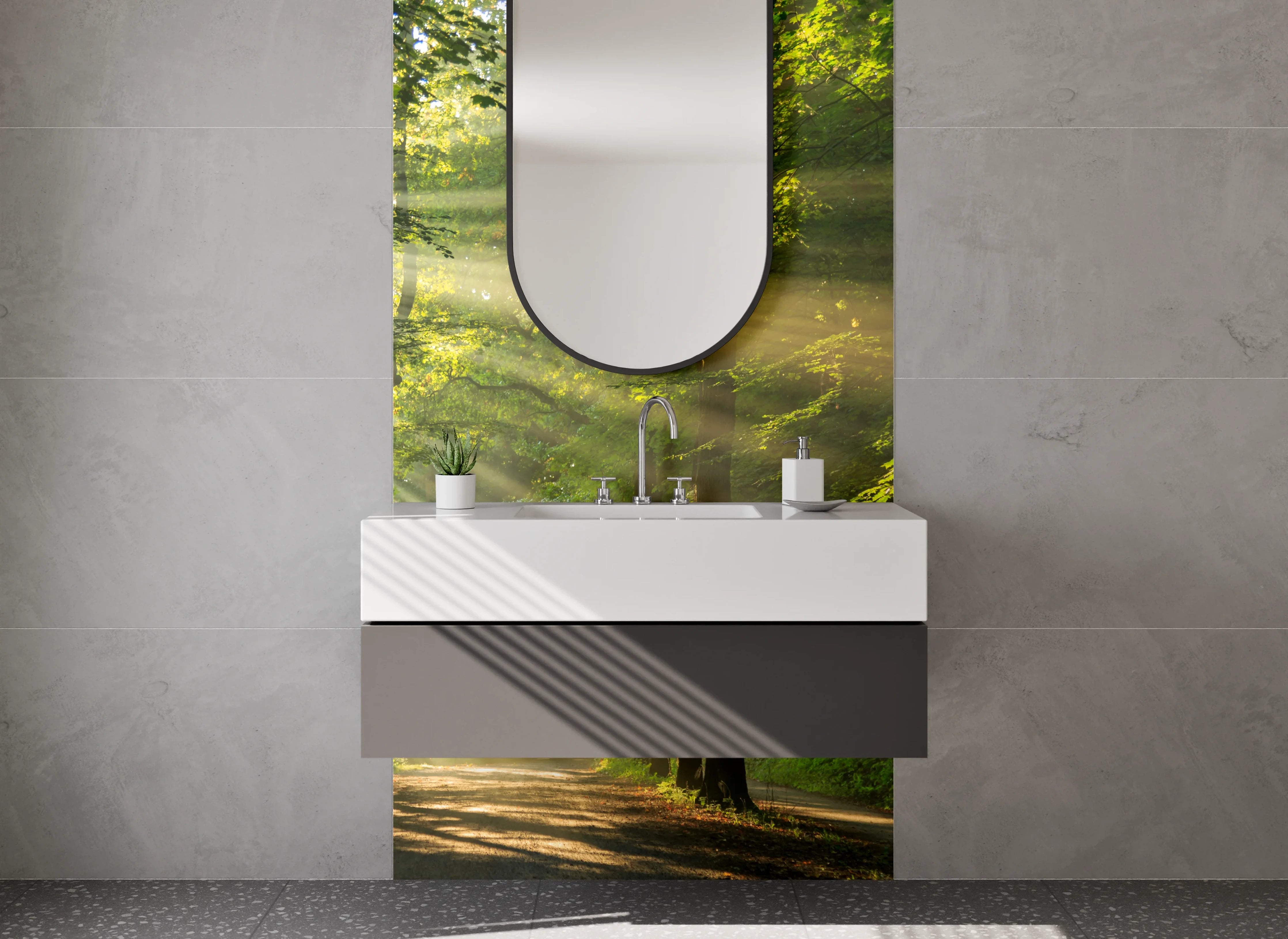 Waschbecken-Rückwand - Sonnenstrahlen im Wald – Naturmotiv