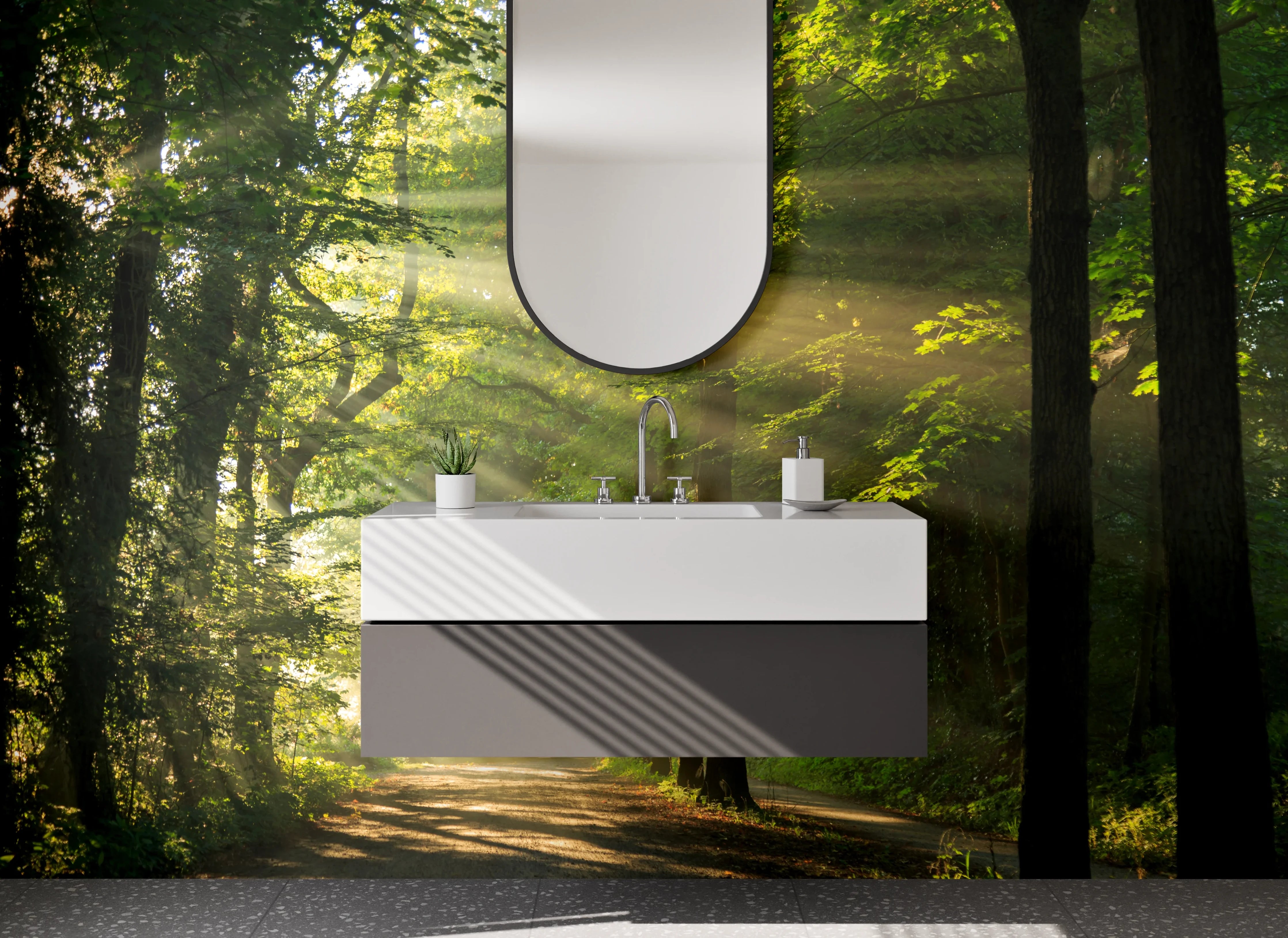 Waschbecken-Rückwand - Sonnenstrahlen im Wald – Naturmotiv