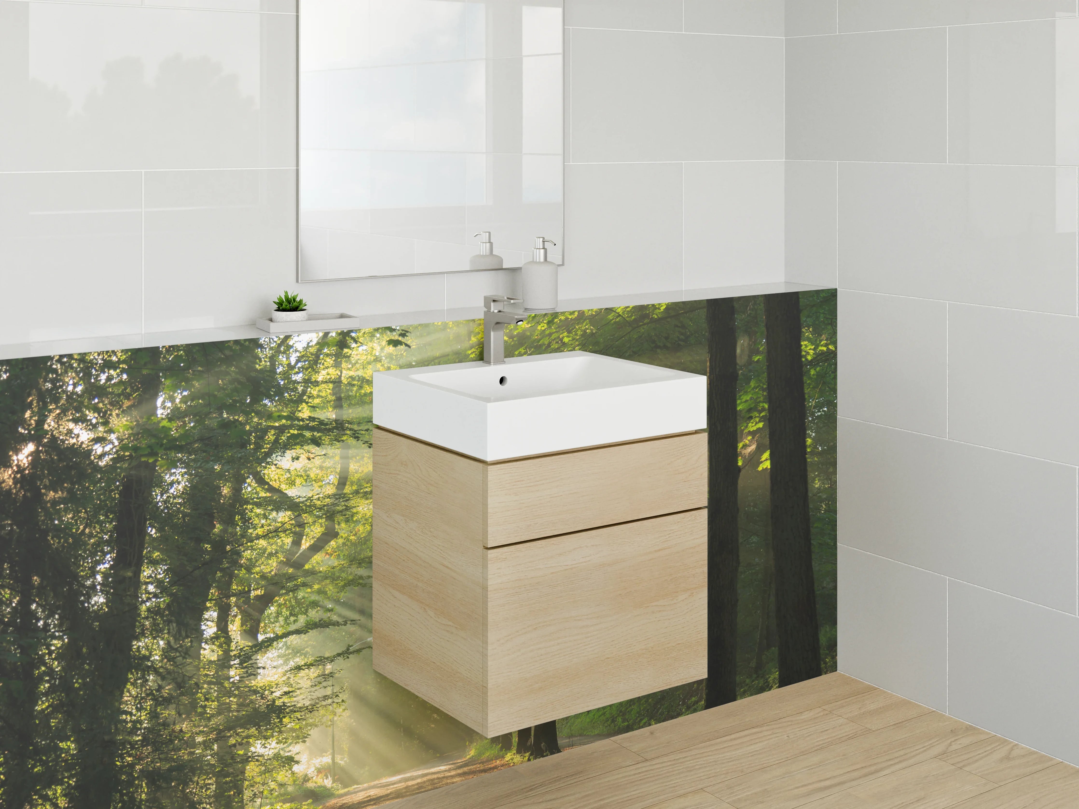 Waschbecken-Rückwand - Sonnenstrahlen im Wald – Naturmotiv