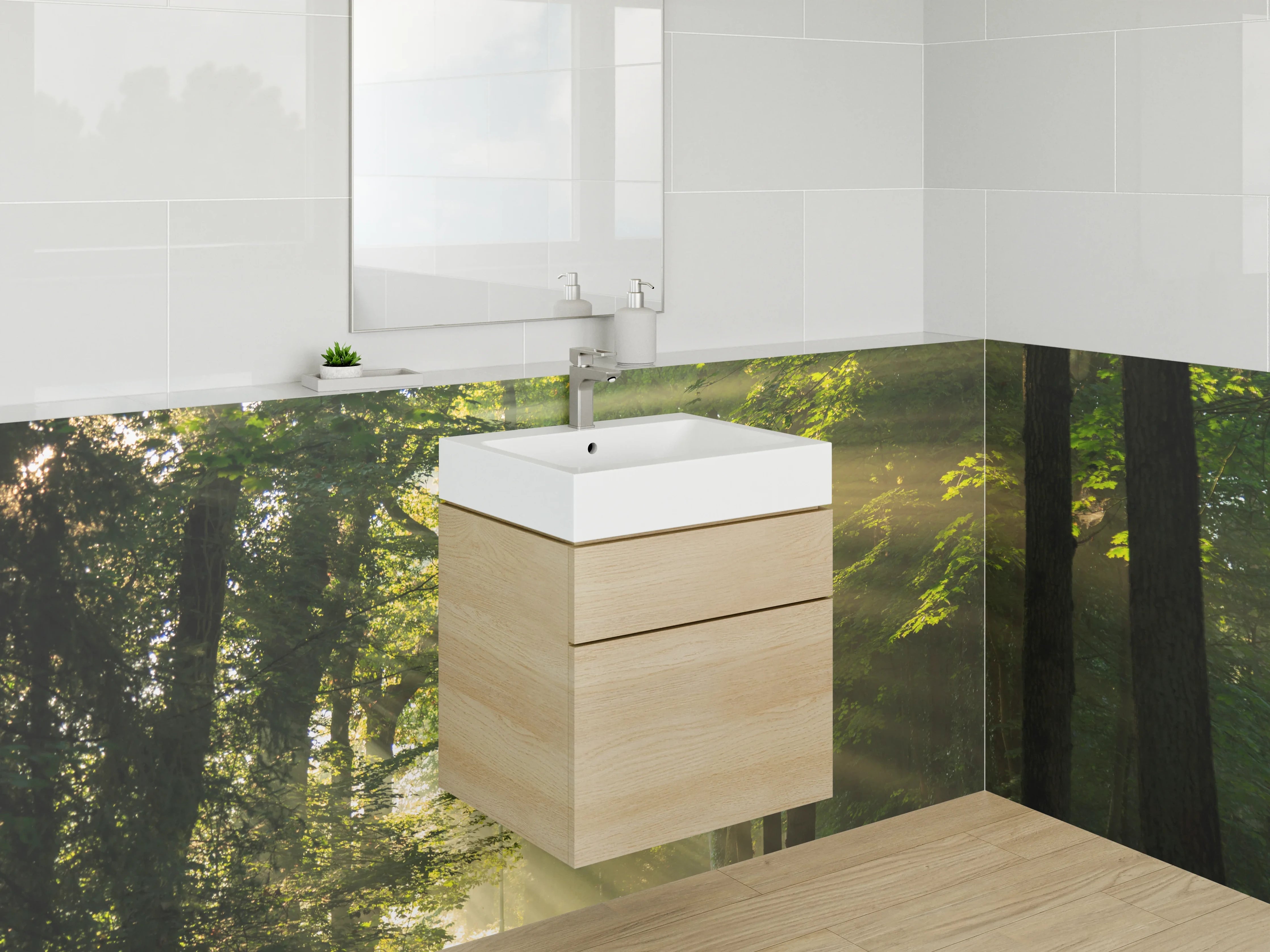 Waschbecken-Rückwand - Sonnenstrahlen im Wald – Naturmotiv