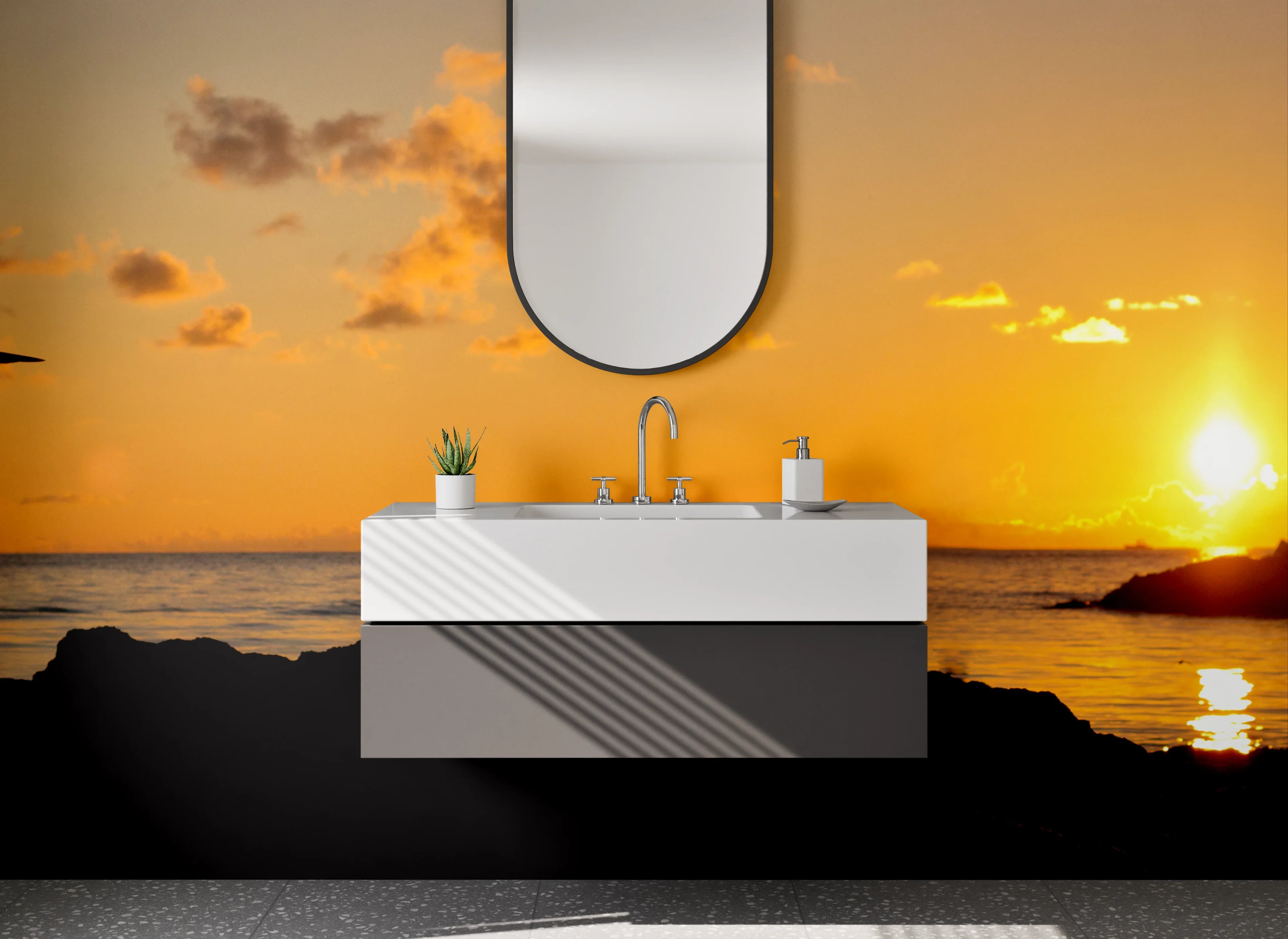 Waschbecken-Rückwand - Sonnenuntergang am Meer – Silhouette