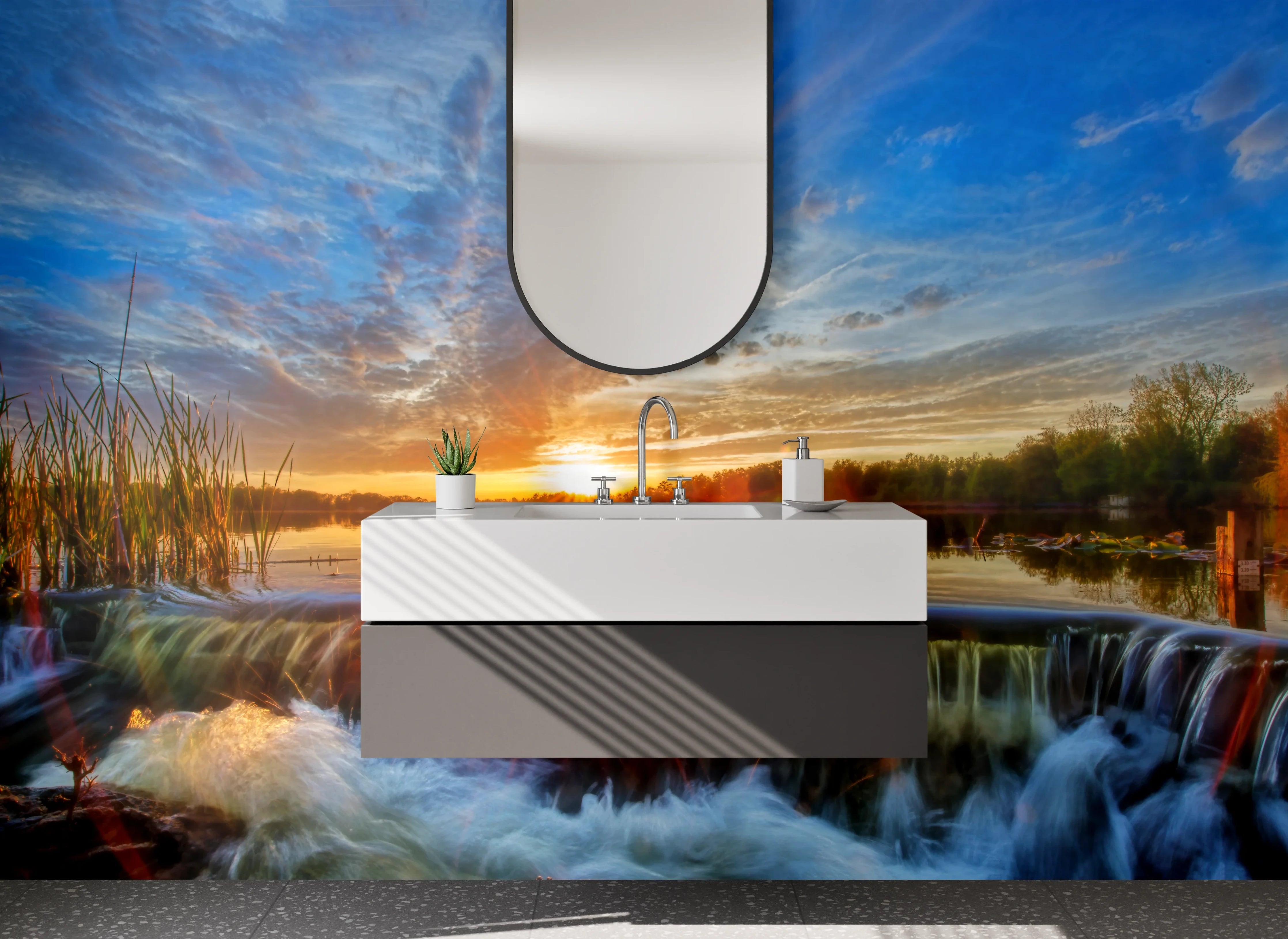 Waschbecken-Rückwand - Sonnenuntergang am See Wasserfall