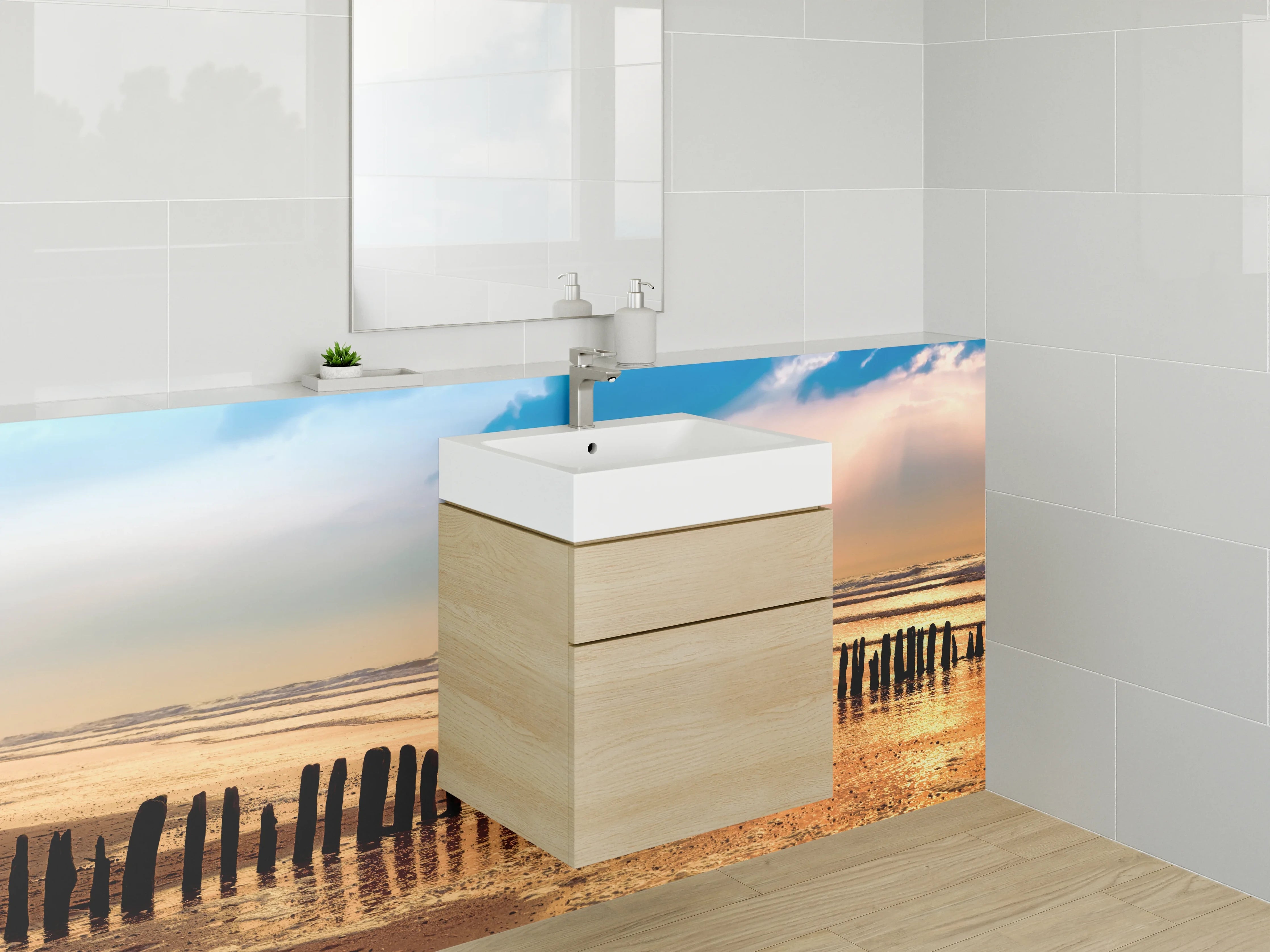 Waschbecken-Rückwand - Sonnenuntergang am Strand Panorama
