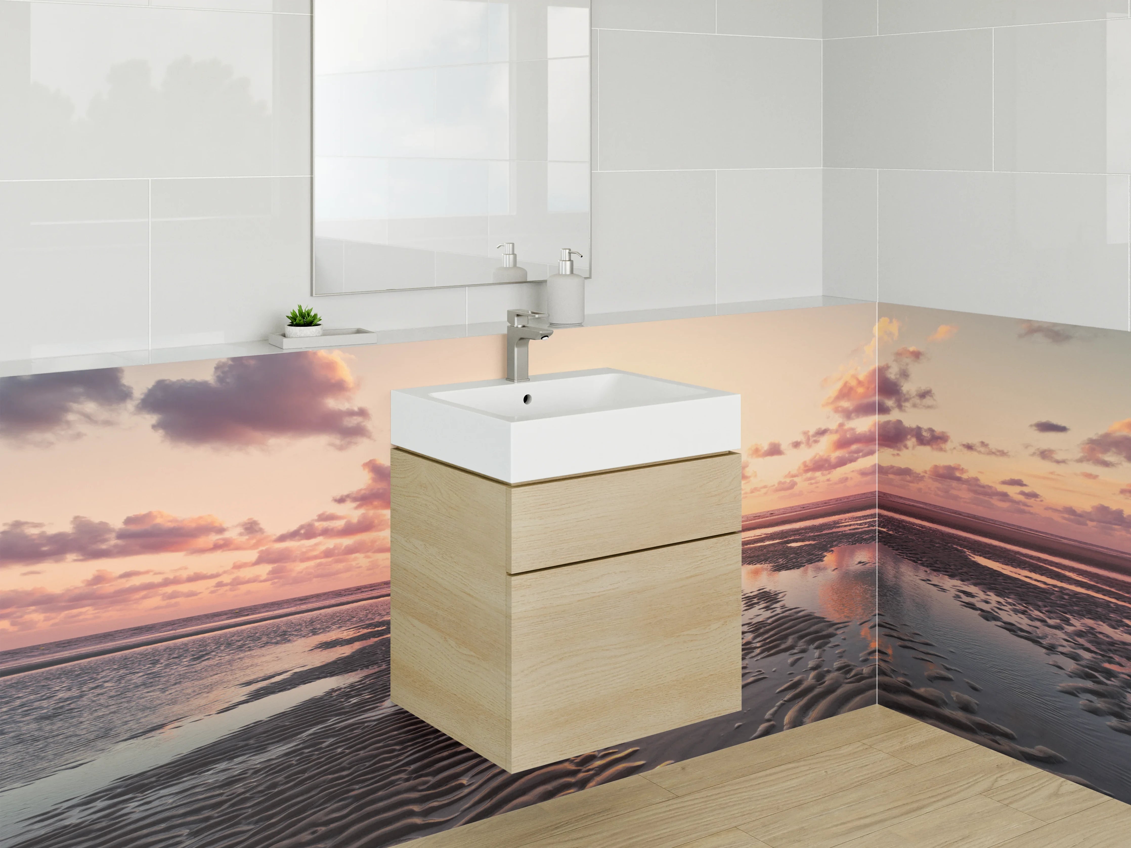 Waschbecken-Rückwand - Sonnenuntergang am Watt – Strandlandschaft