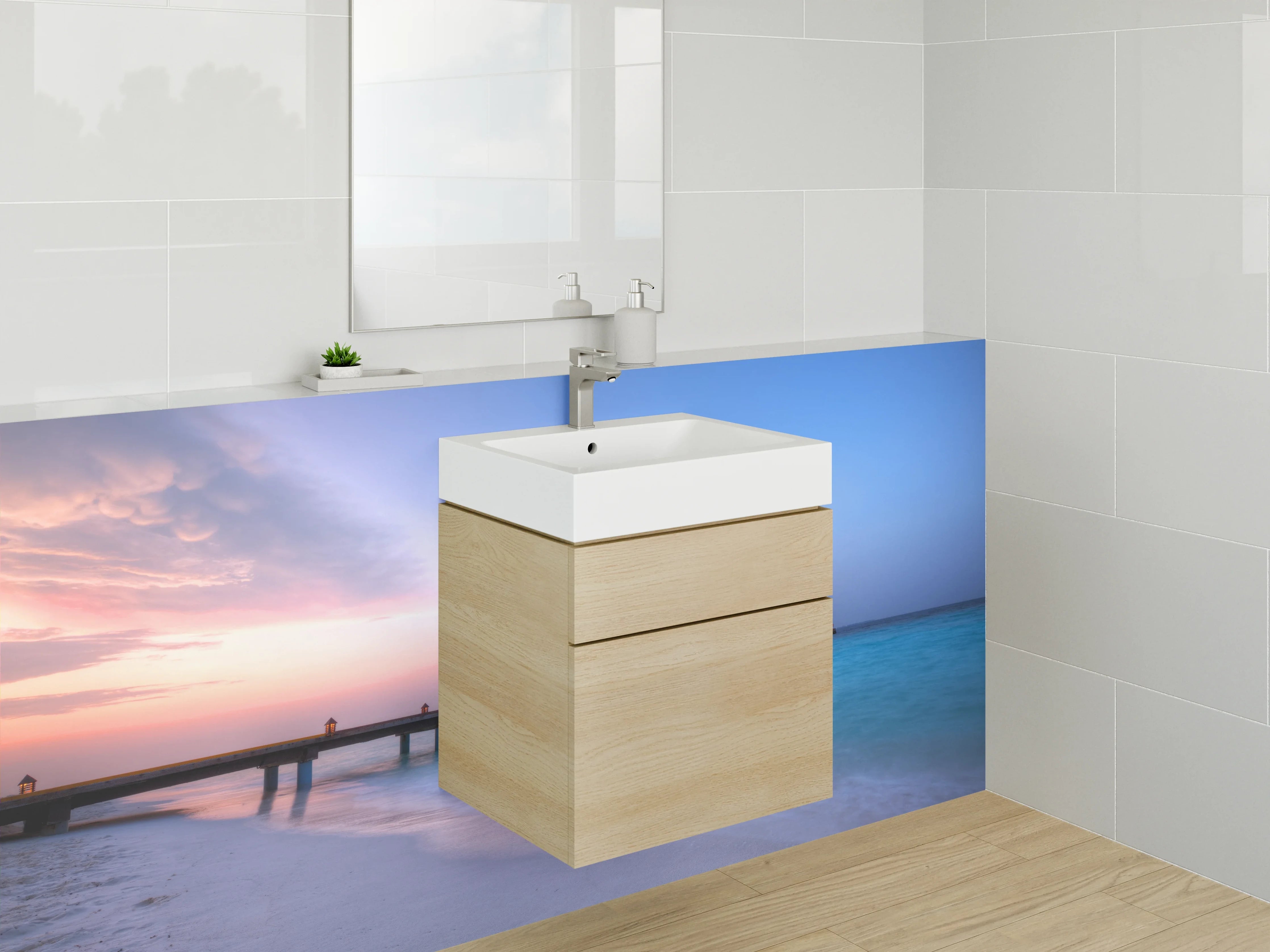 Waschbecken-Rückwand - Sonnenuntergang am tropischen Steg