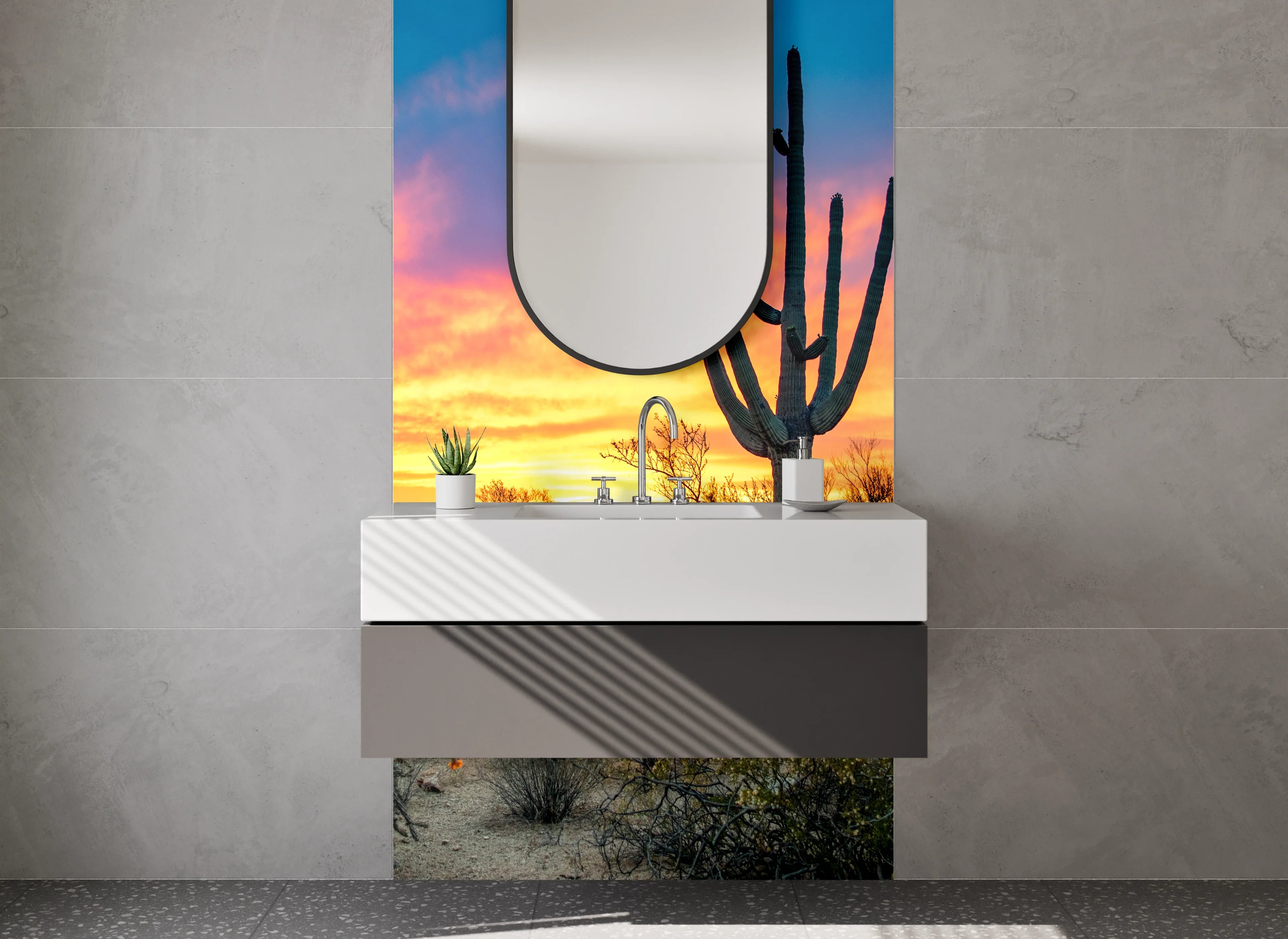 Waschbecken-Rückwand - Sonnenuntergang in der Kakteenwüste