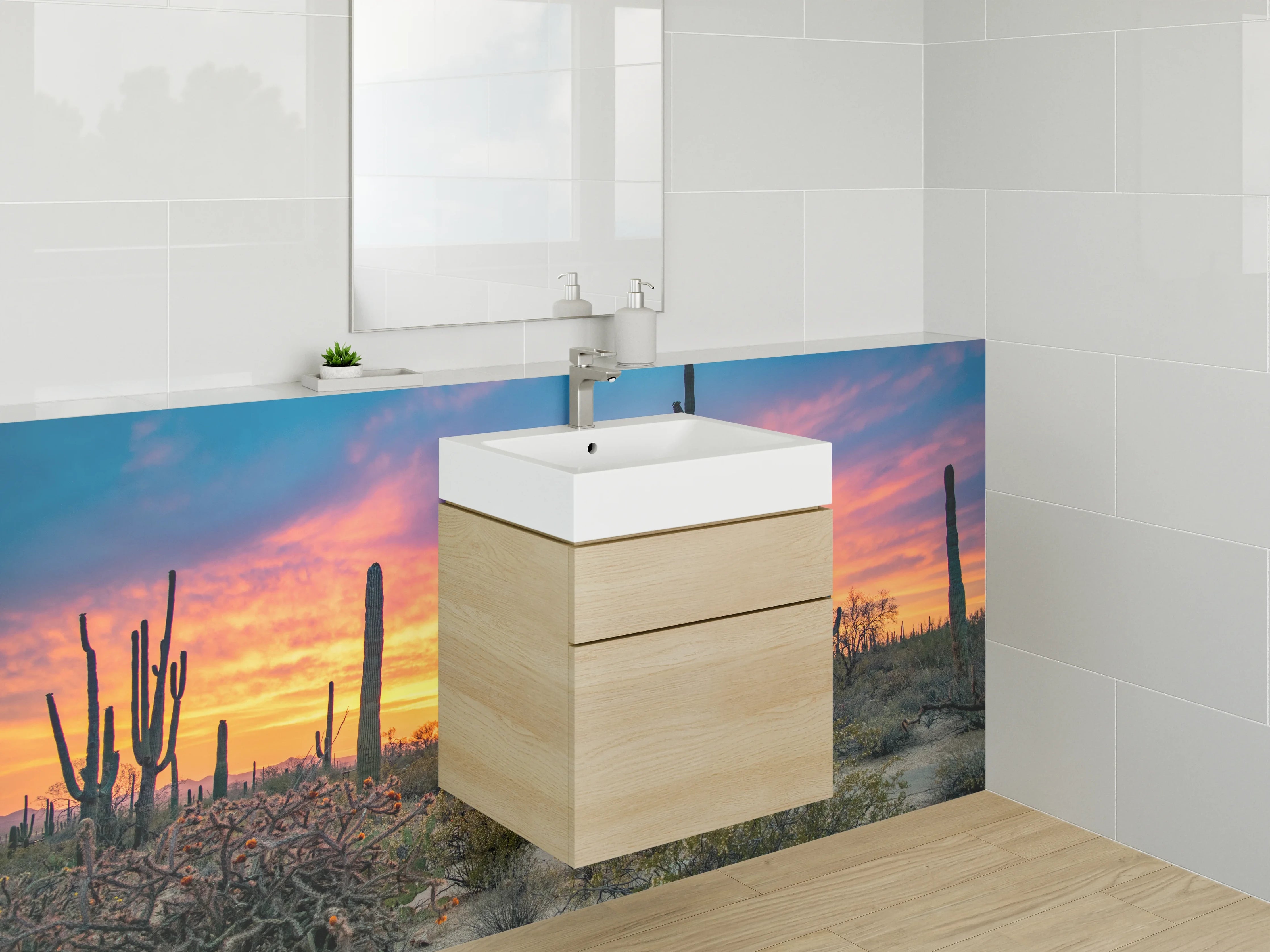 Waschbecken-Rückwand - Sonnenuntergang in der Kakteenwüste