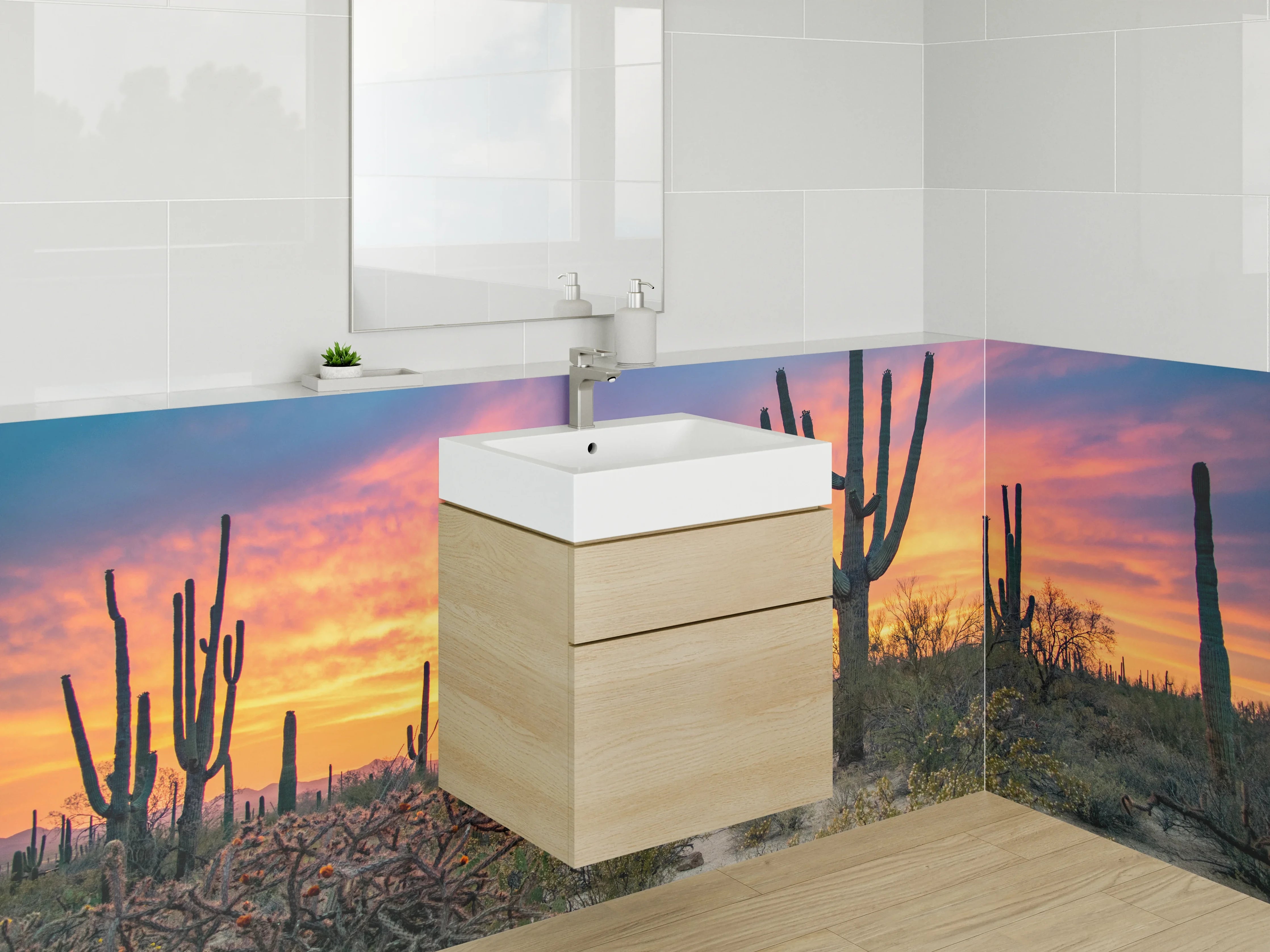 Waschbecken-Rückwand - Sonnenuntergang in der Kakteenwüste