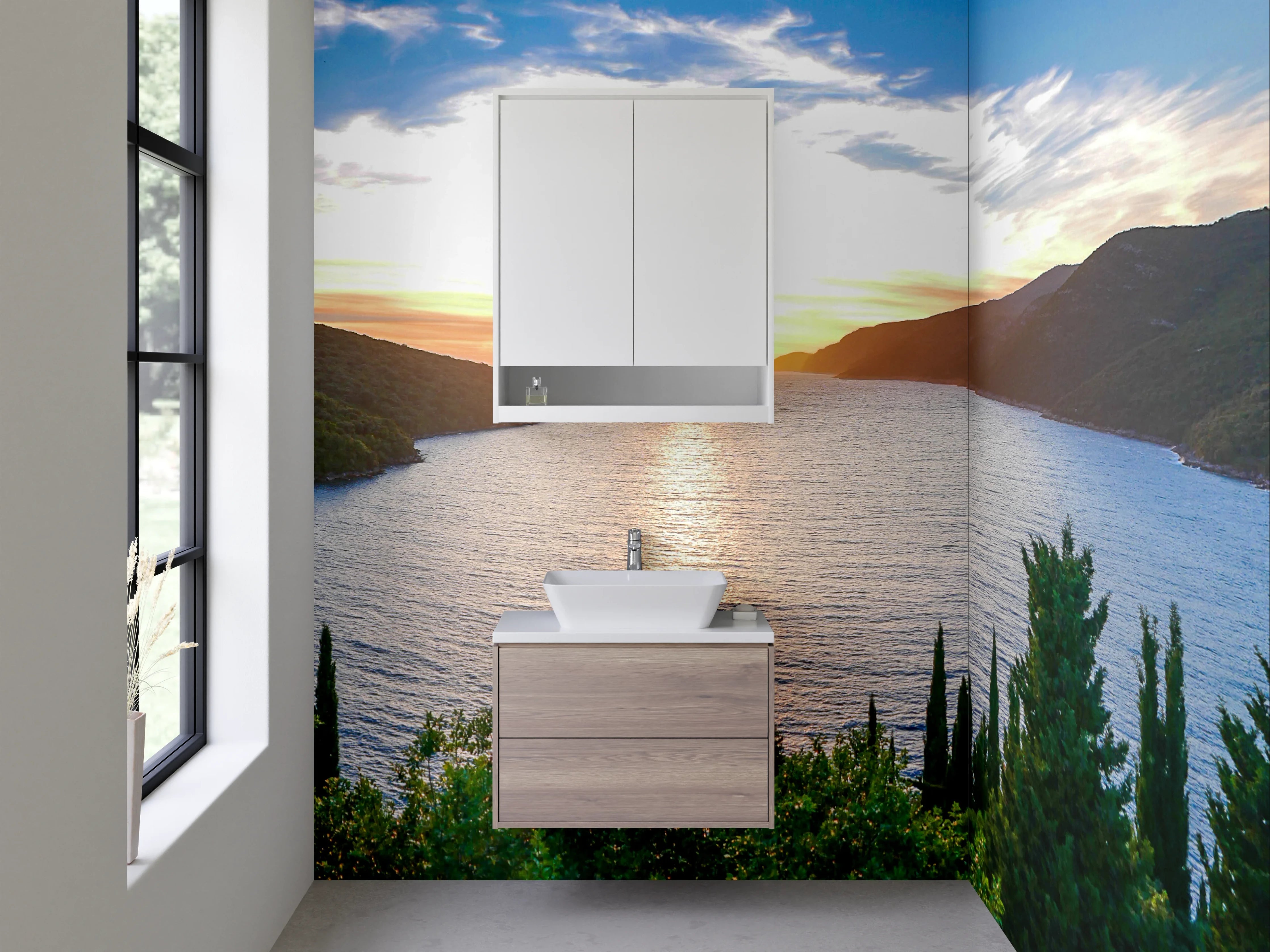 Waschbecken-Rückwand - Sonnenuntergang über dem See mit grünen Hügeln