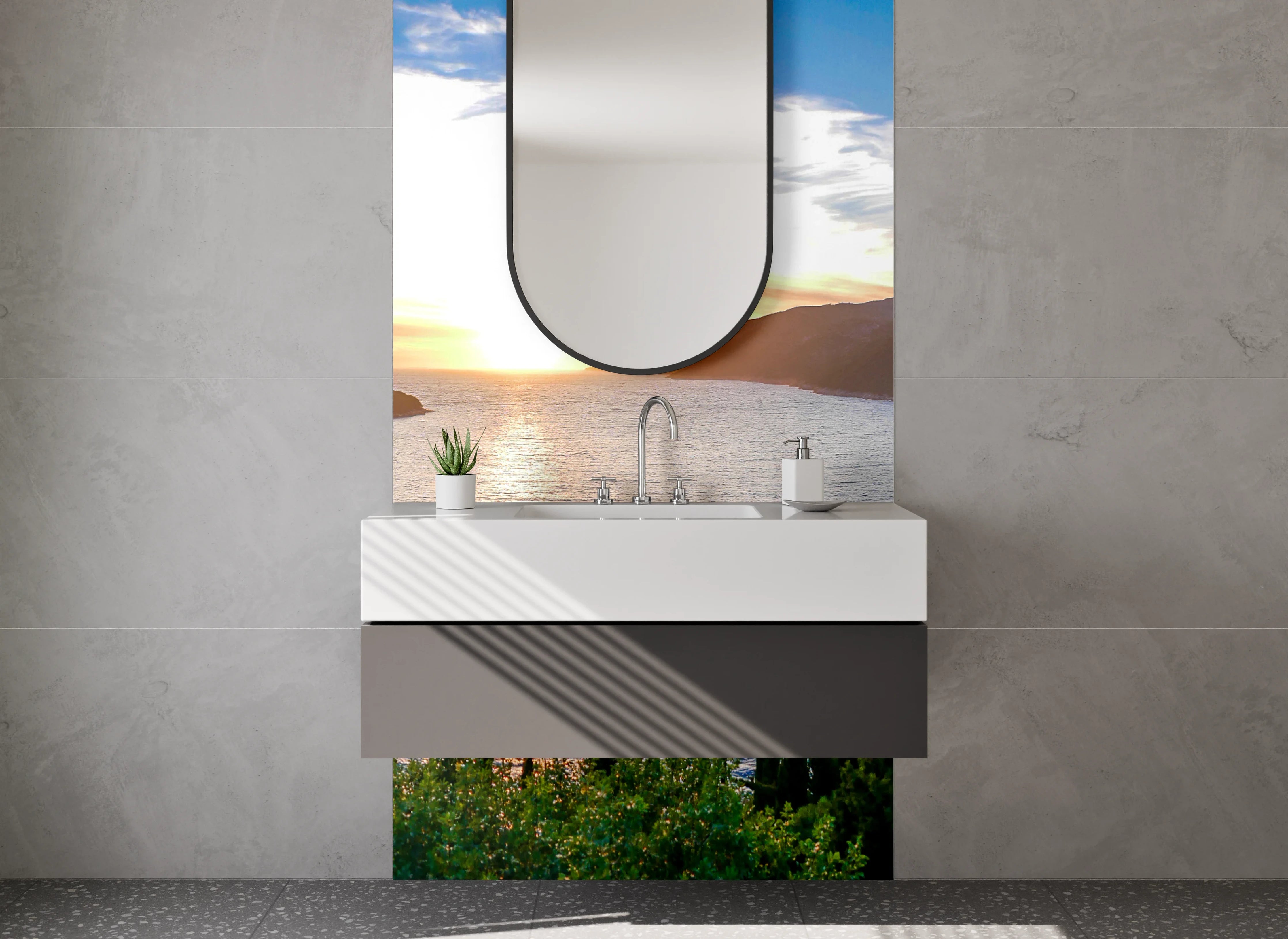 Waschbecken-Rückwand - Sonnenuntergang über dem See mit grünen Hügeln