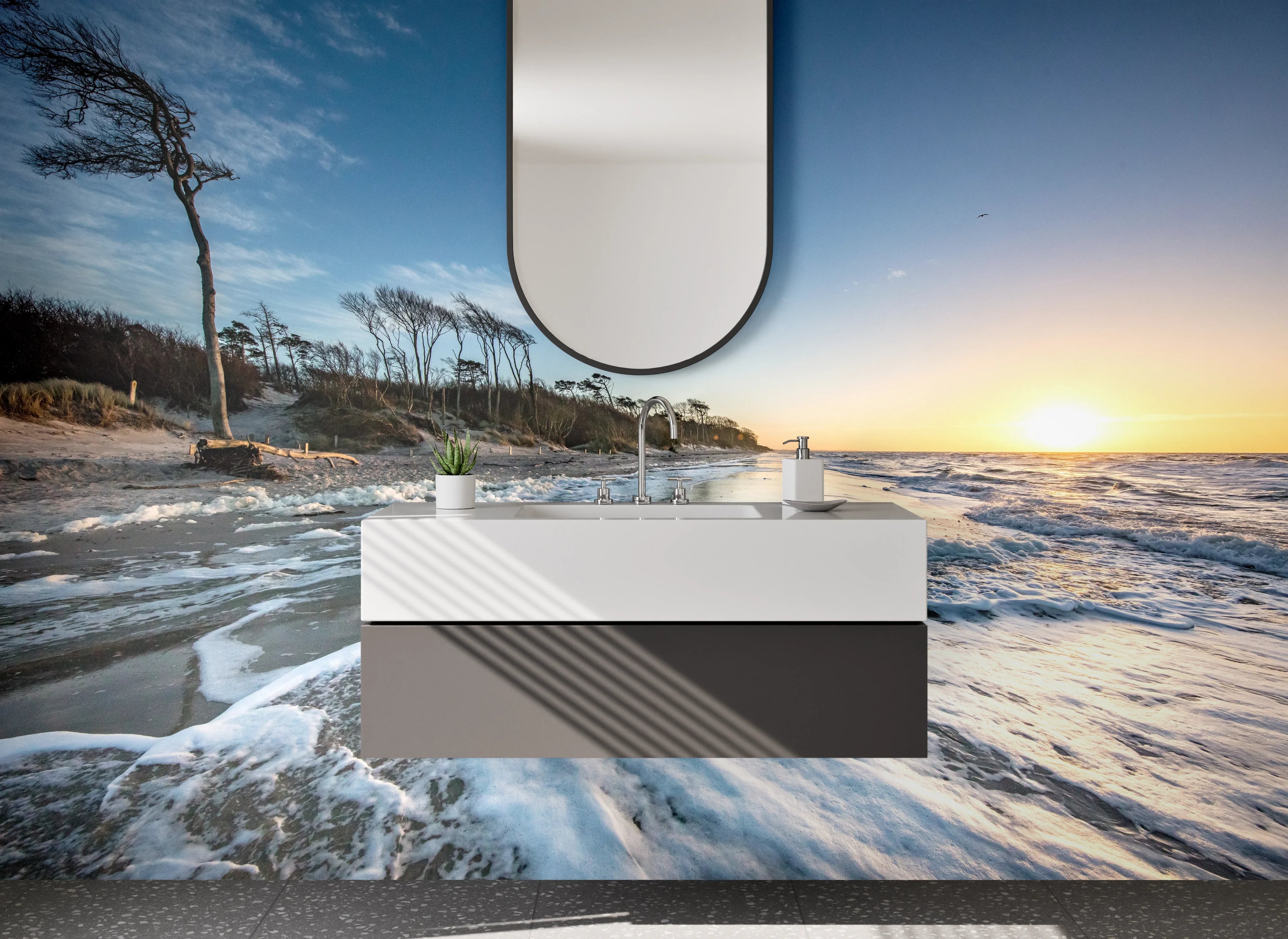 Waschbecken-Rückwand - Sonnenuntergang über dem Strand mit Meereswellen