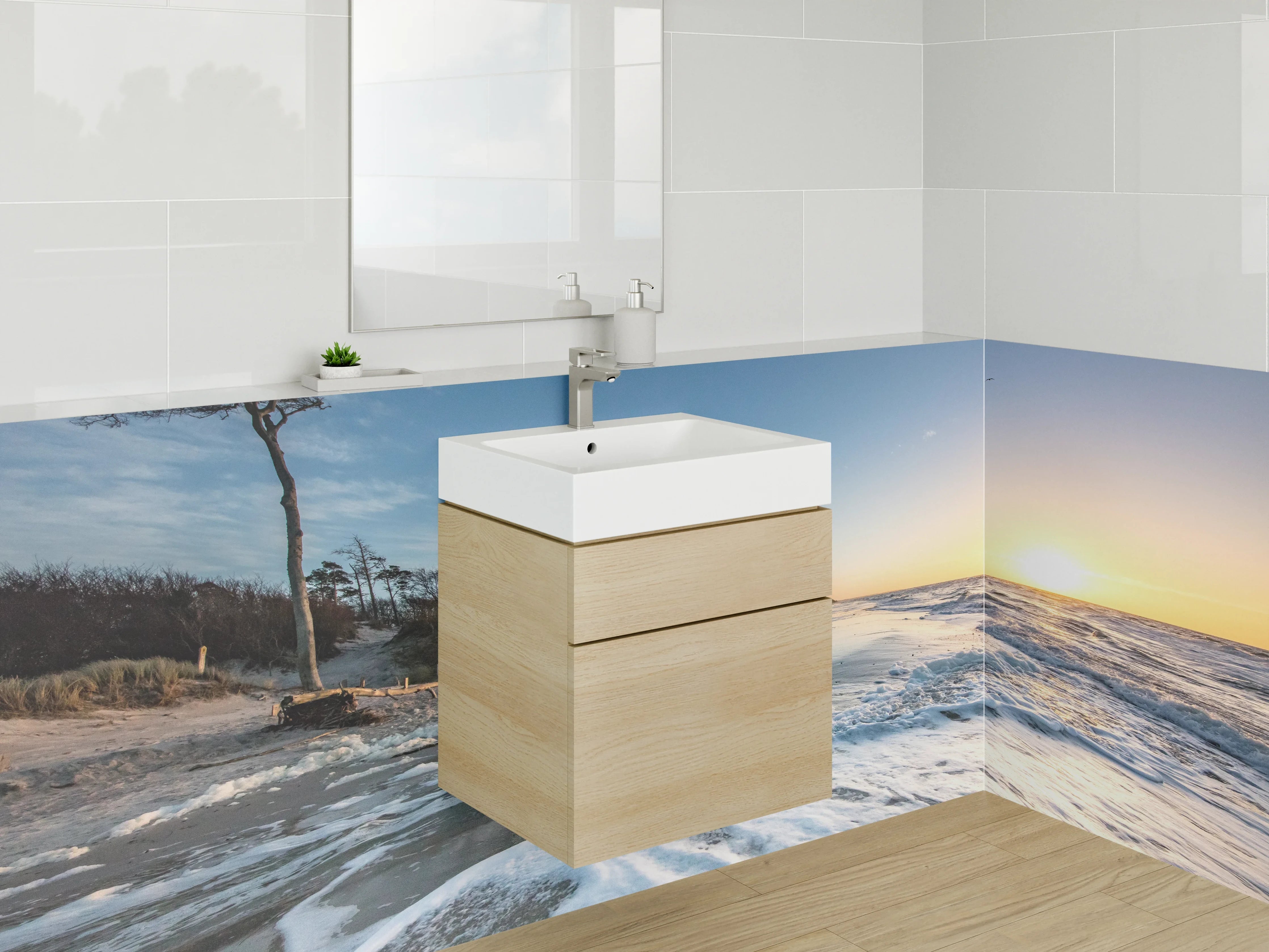 Waschbecken-Rückwand - Sonnenuntergang über dem Strand mit Meereswellen