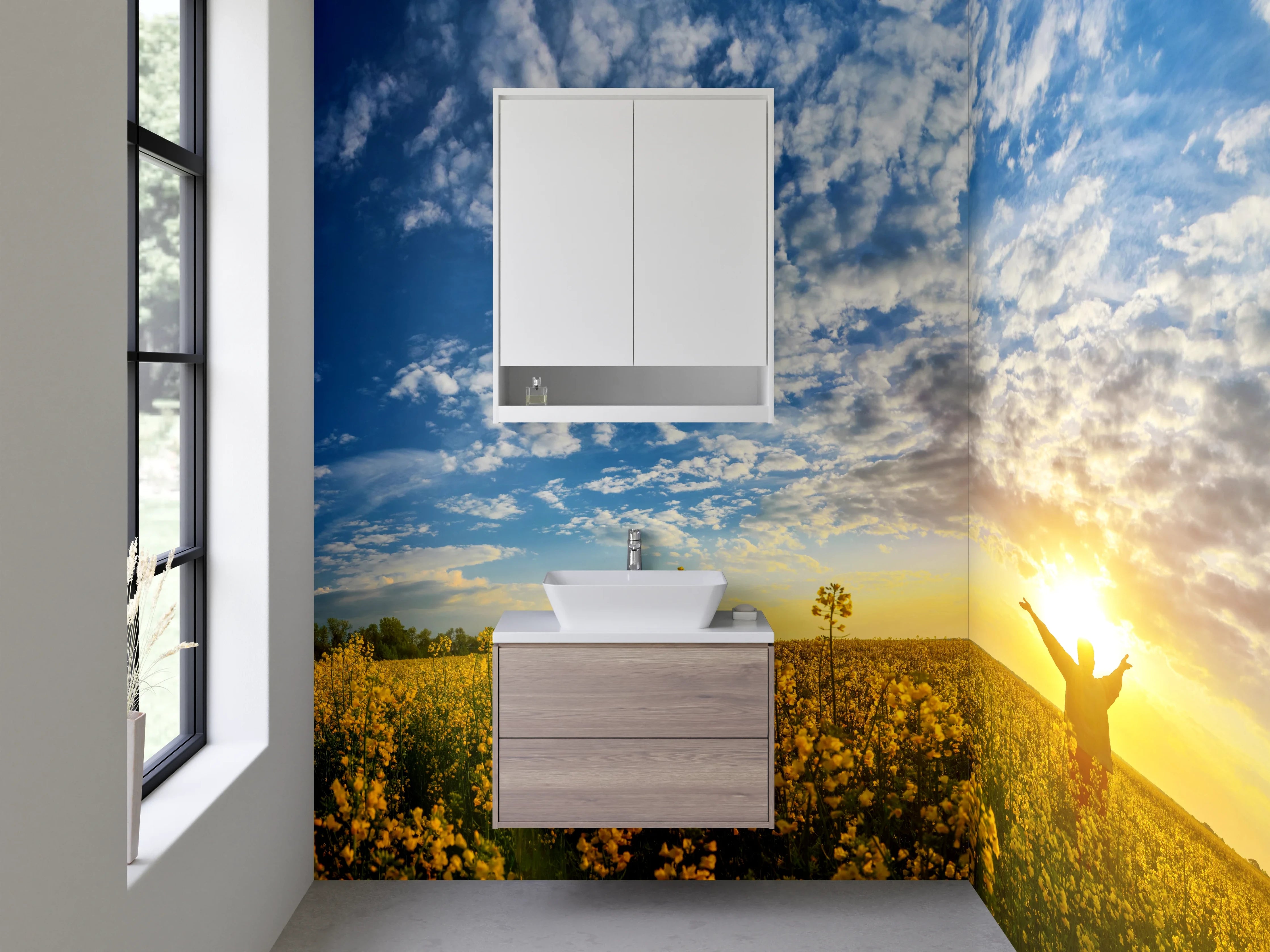 Waschbecken-Rückwand - Sonnenuntergang über einem blühenden Feld