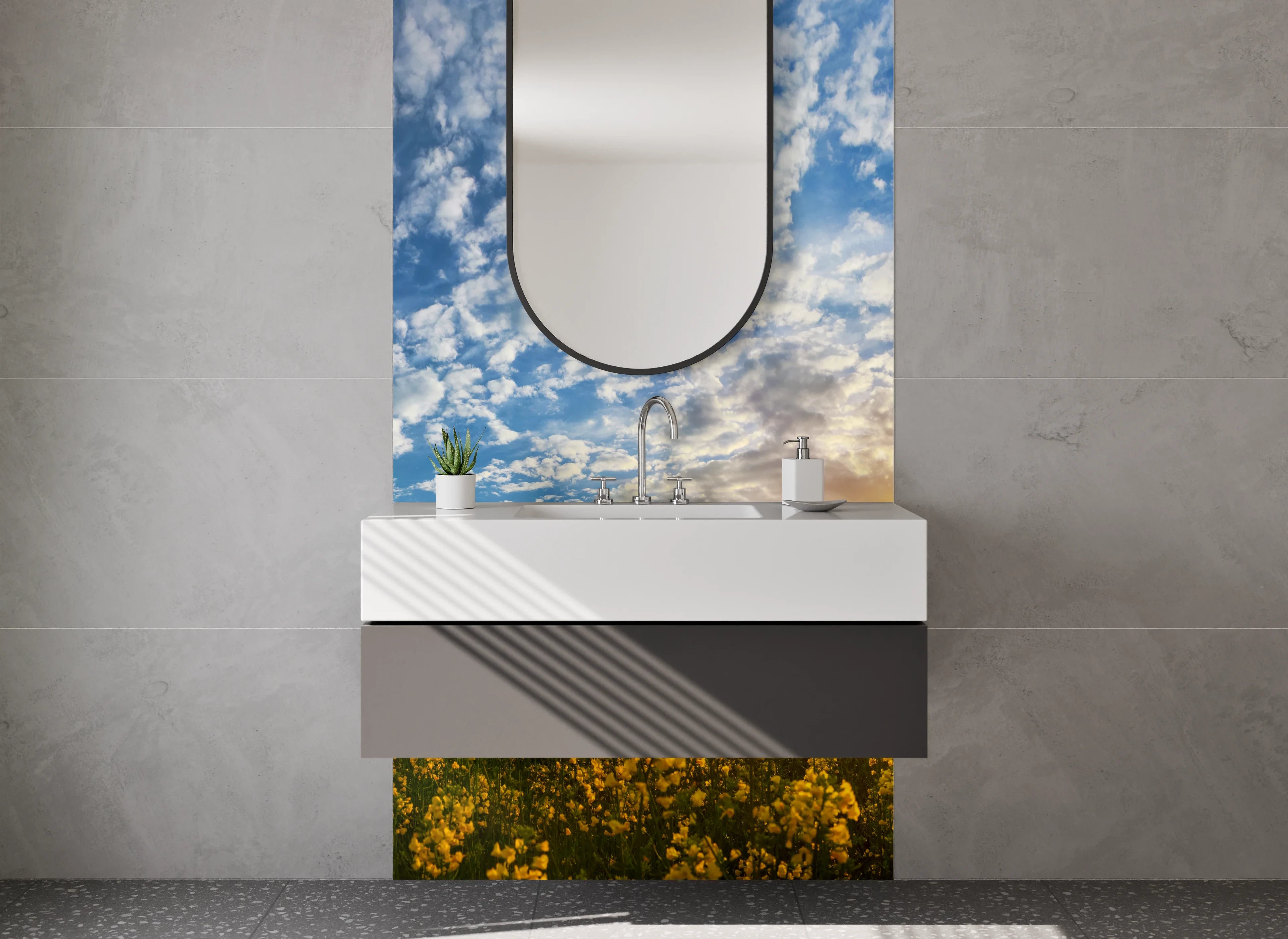 Waschbecken-Rückwand - Sonnenuntergang über einem blühenden Feld