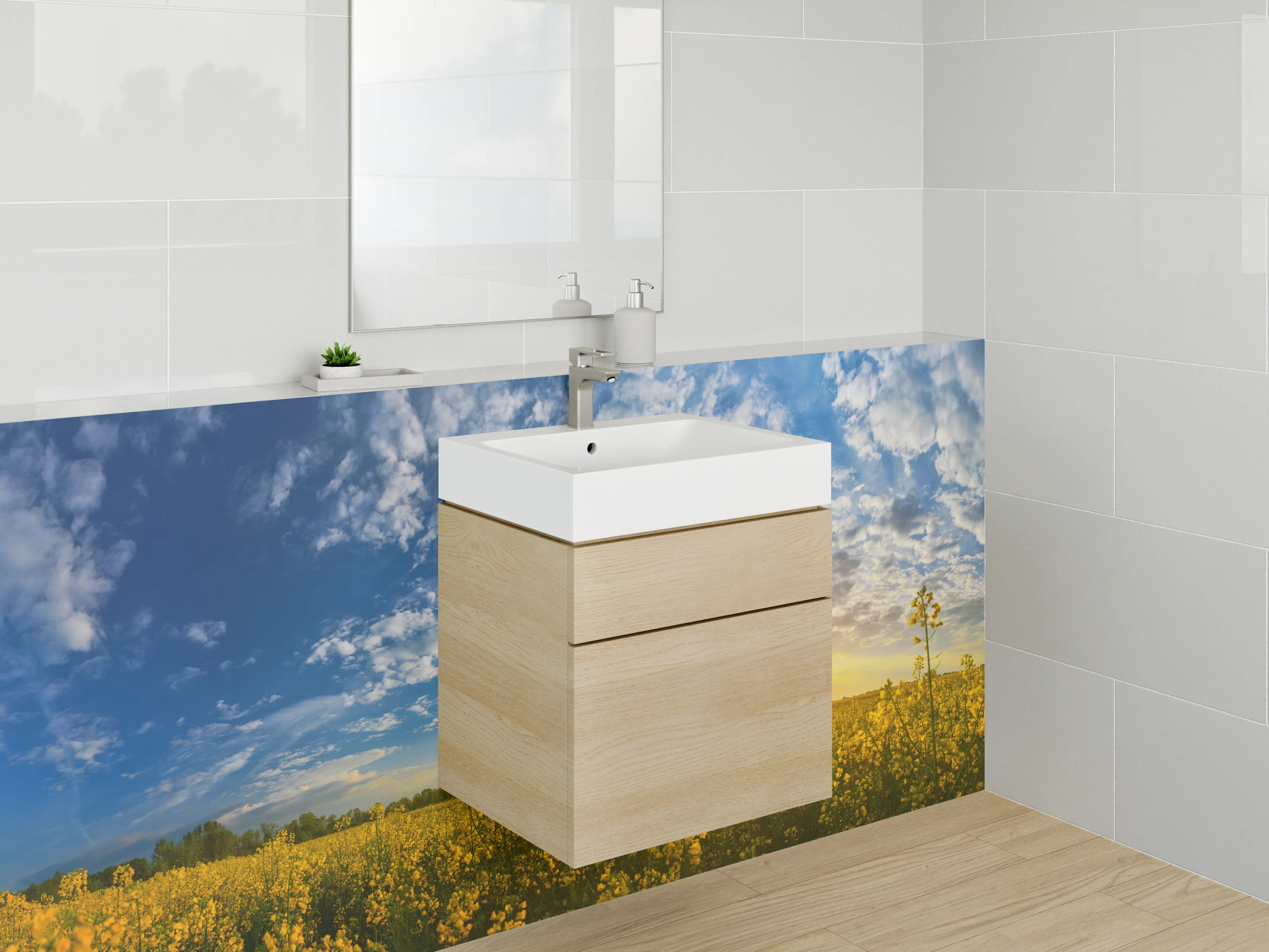 Waschbecken-Rückwand - Sonnenuntergang über einem blühenden Feld