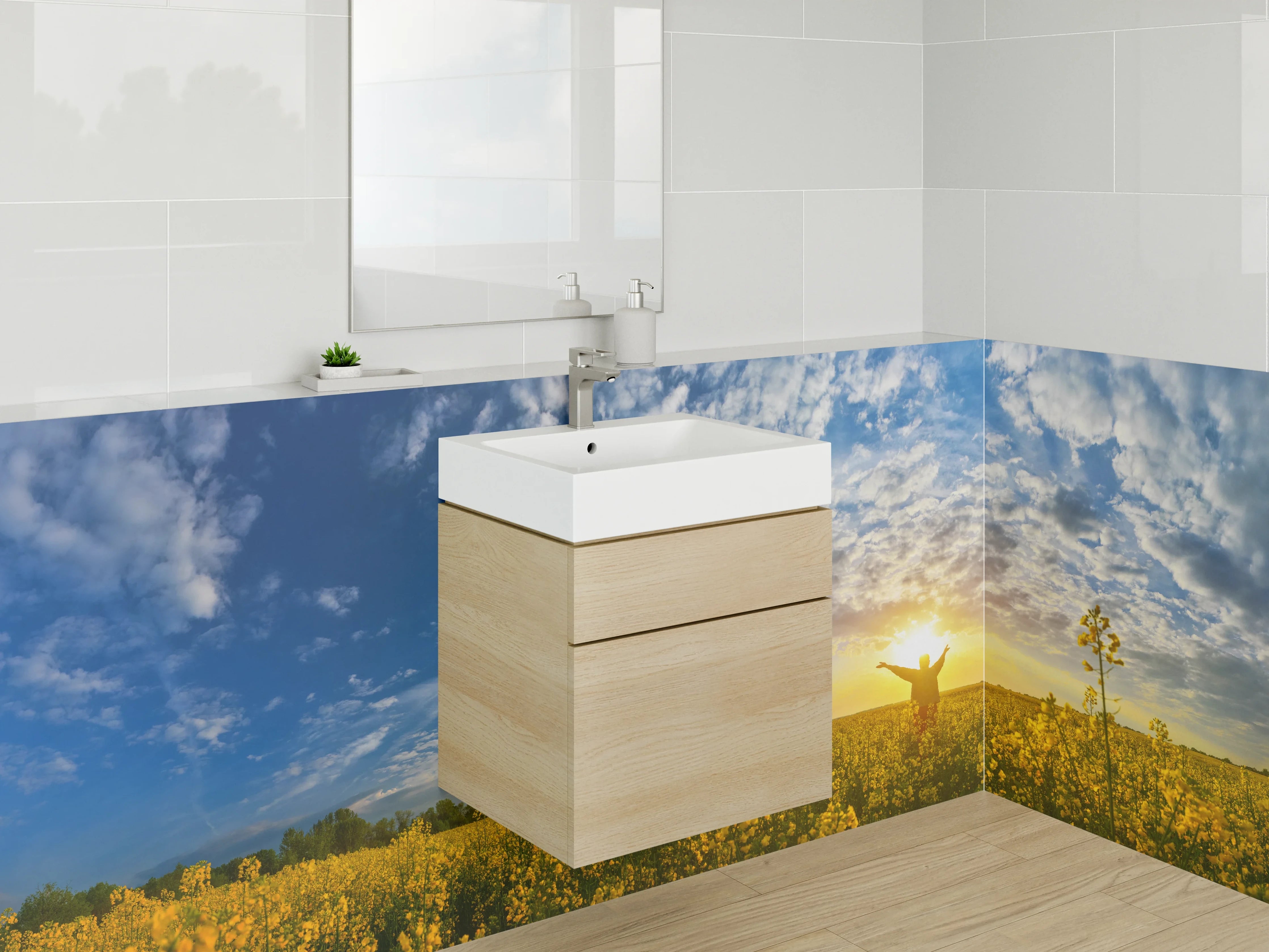 Waschbecken-Rückwand - Sonnenuntergang über einem blühenden Feld