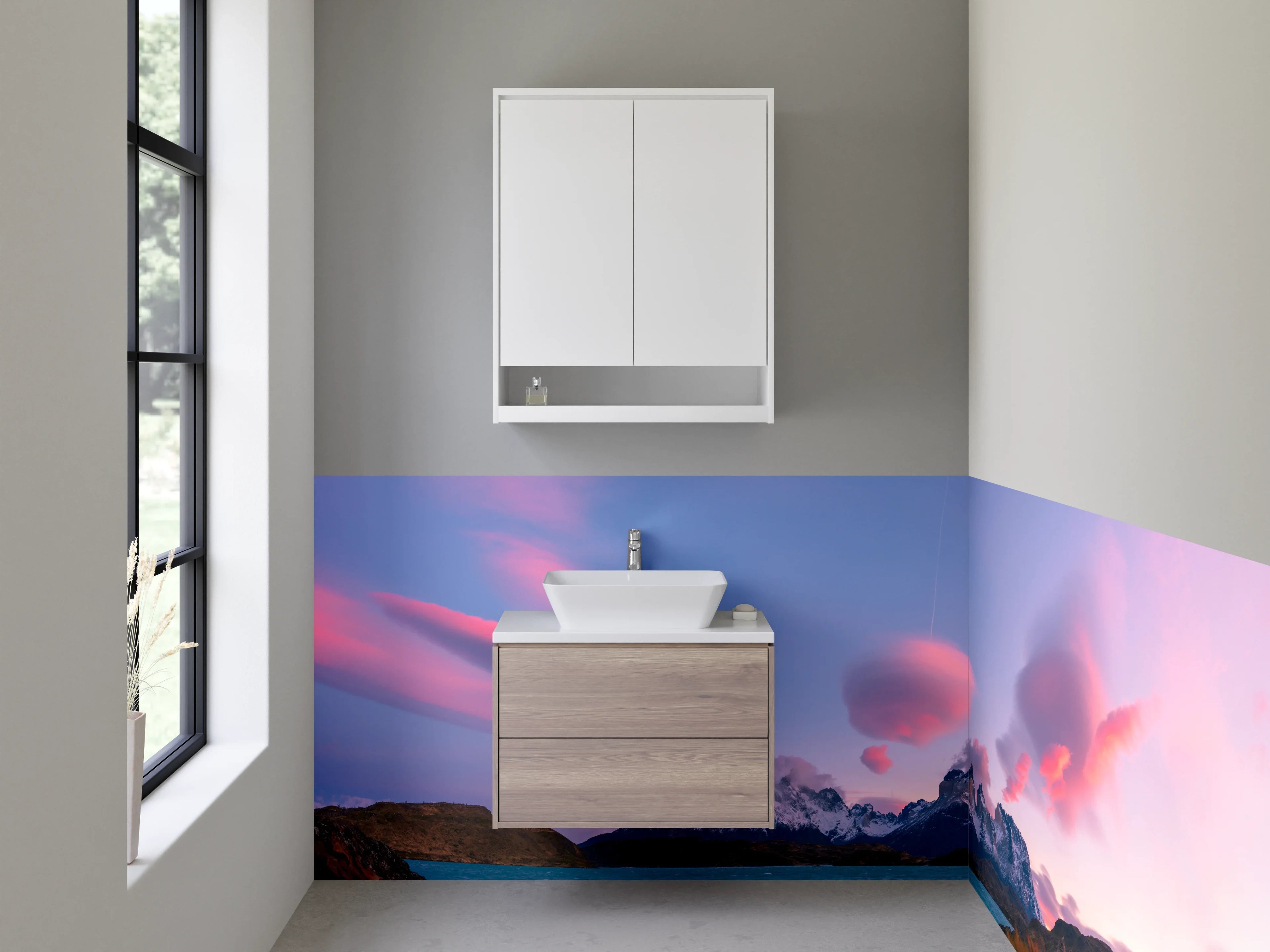 Waschbecken-Rückwand - Sonnenuntergang über grauen Gipfeln