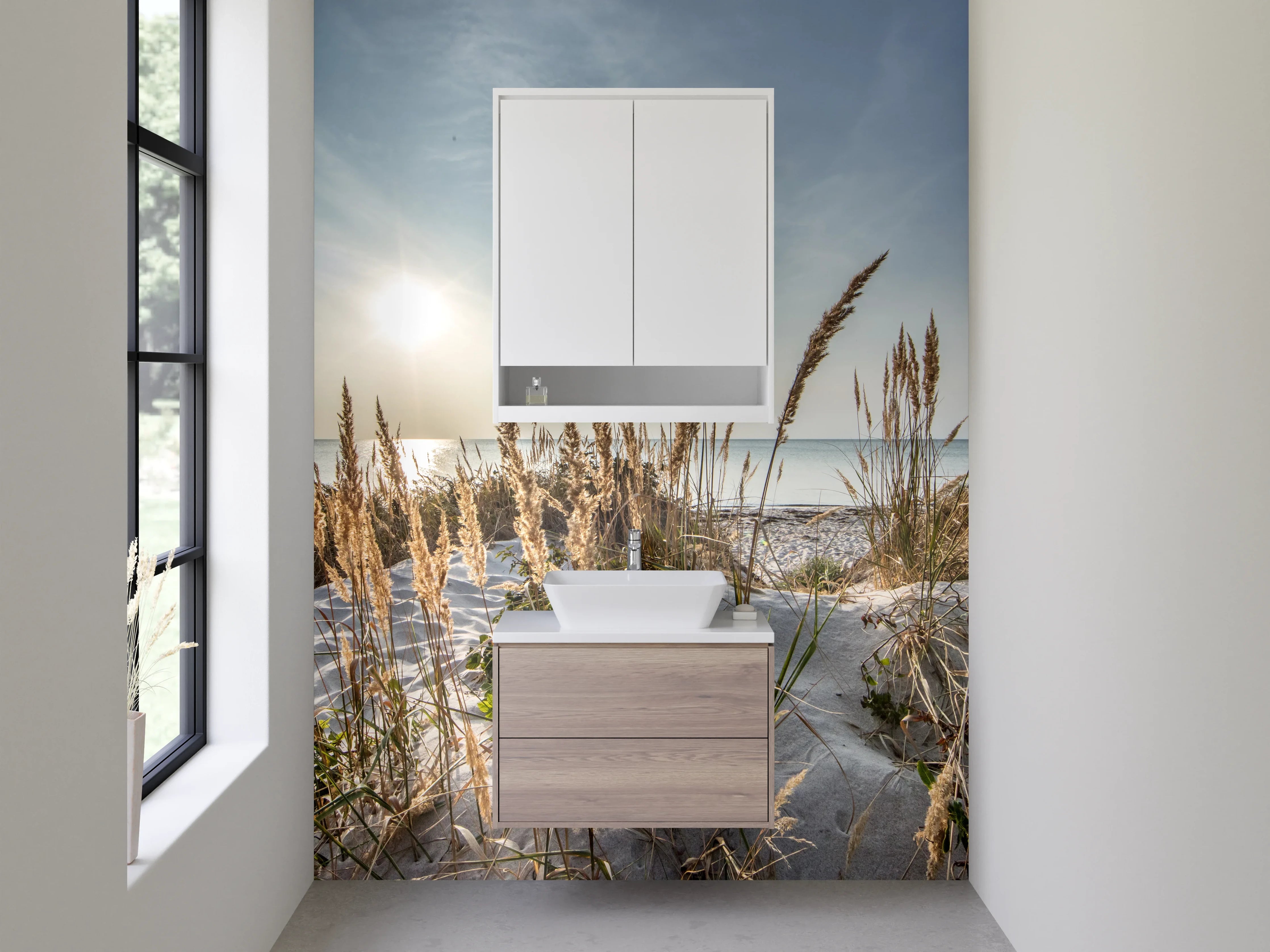 Waschbecken-Rückwand - Sonniger Strand mit Dünen und Meer