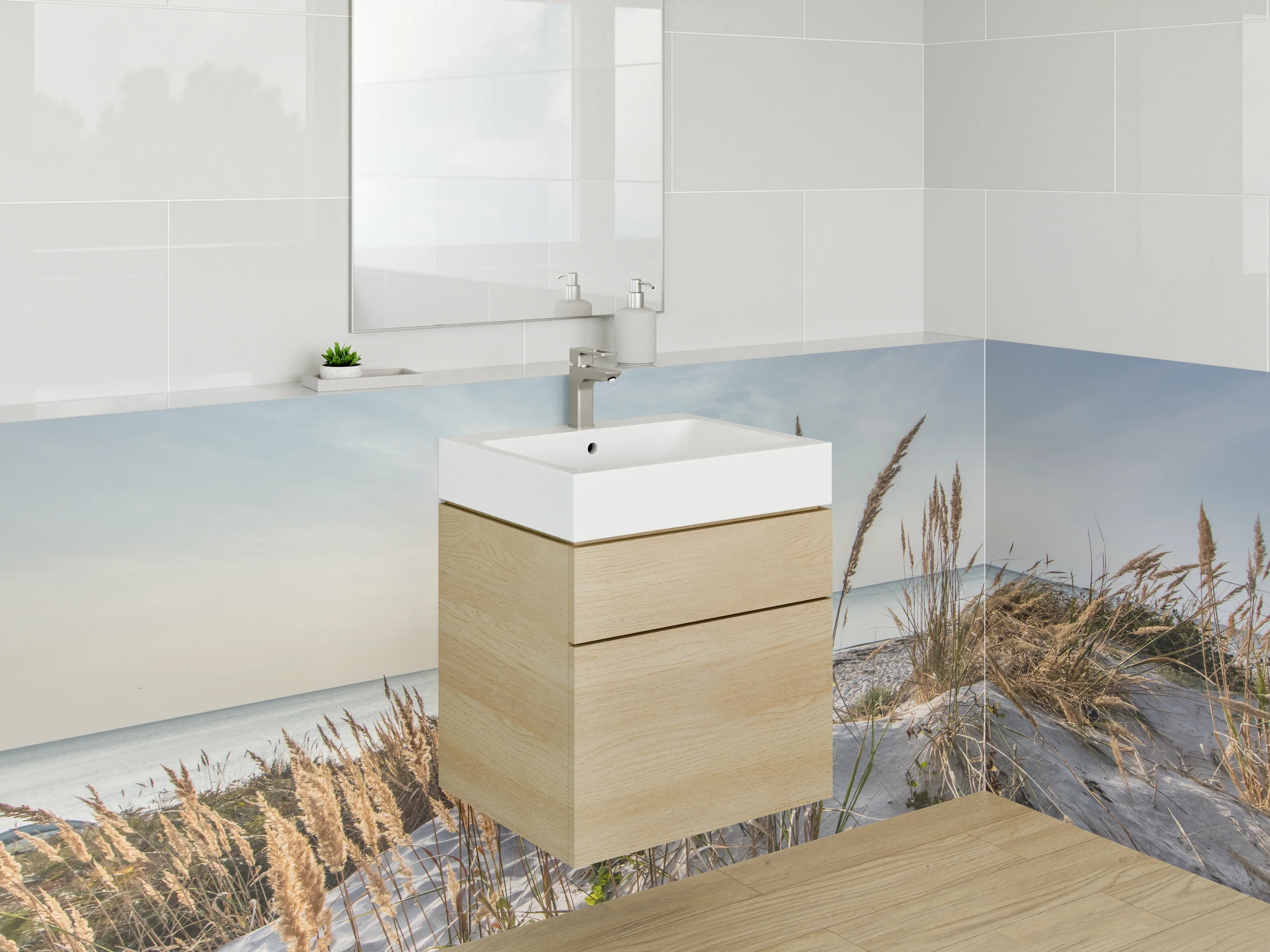 Waschbecken-Rückwand - Sonniger Strand mit Dünen und Meer