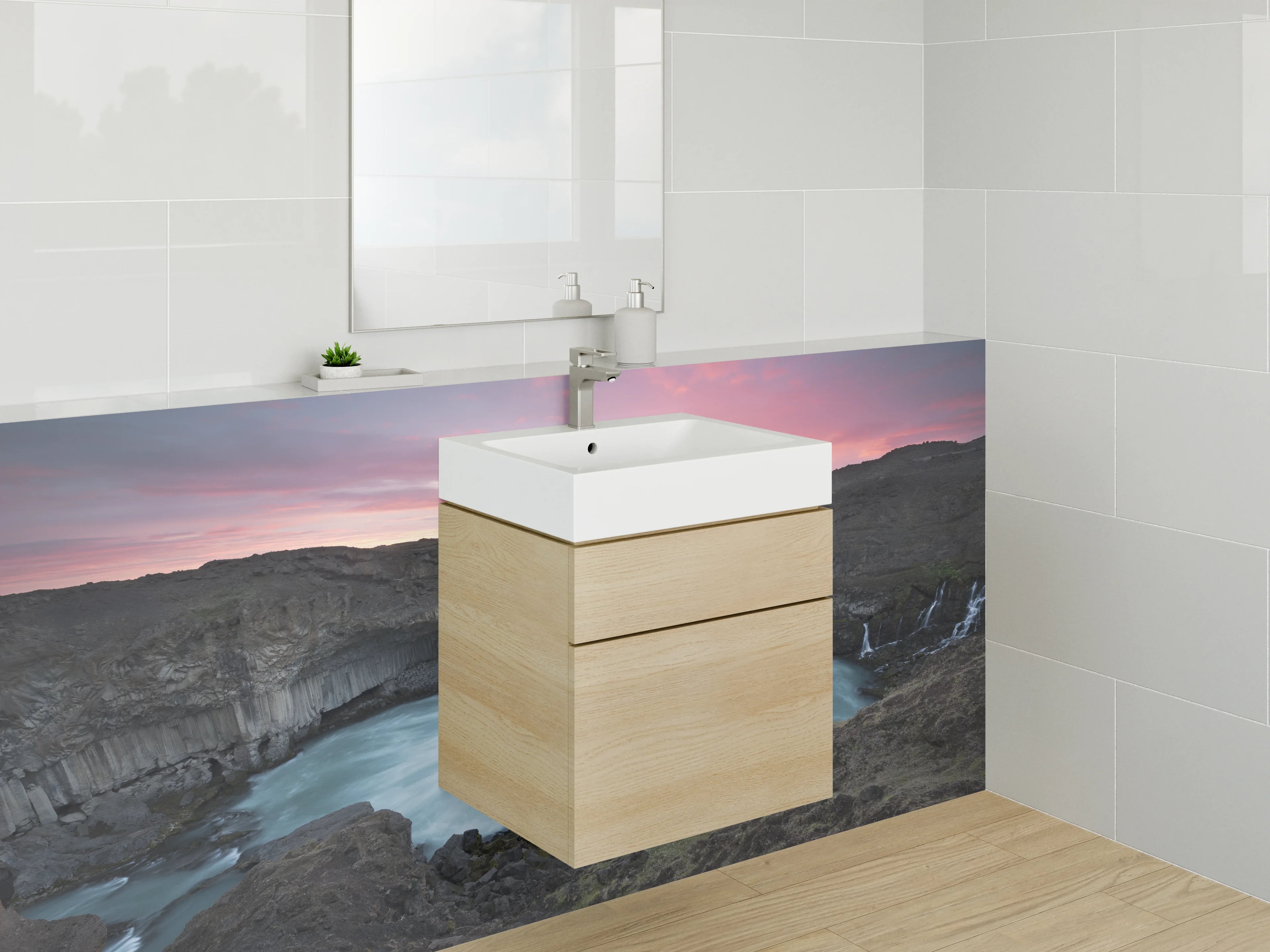 Waschbecken-Rückwand - Spektakulärer Wasserfall bei Sonnenuntergang