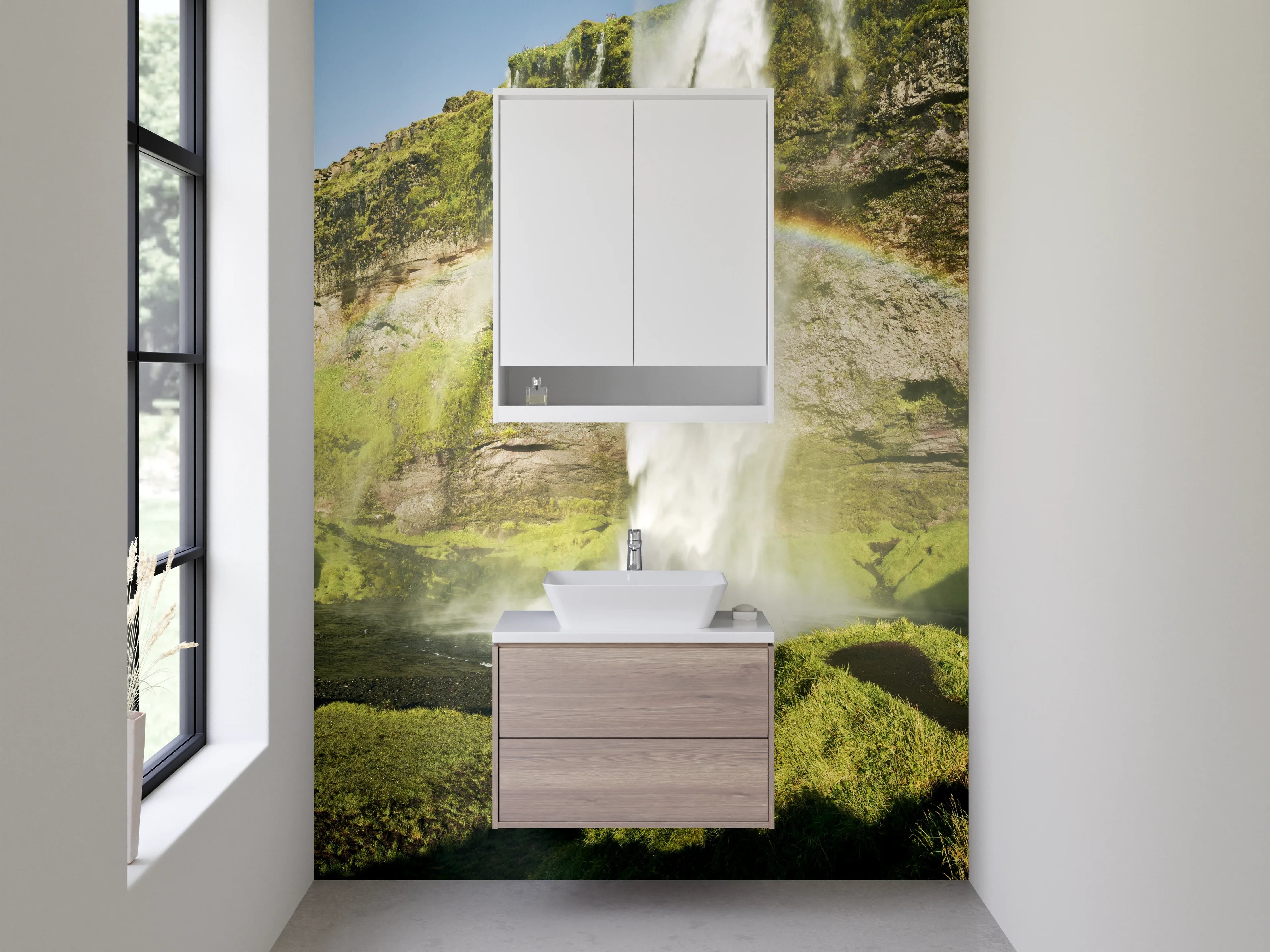 Waschbecken-Rückwand - Spektakulärer Wasserfall mit Regenbogen