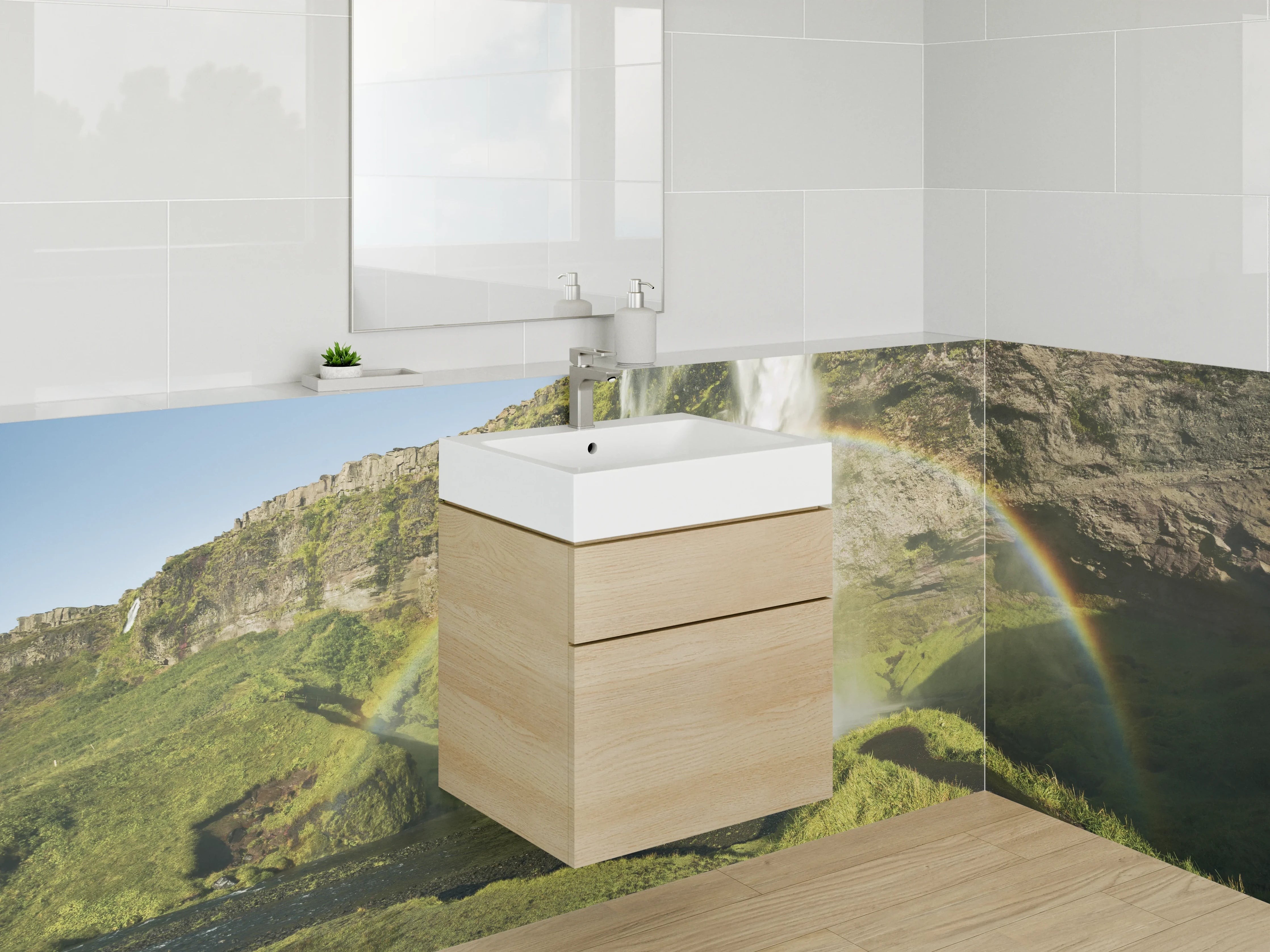 Waschbecken-Rückwand - Spektakulärer Wasserfall mit Regenbogen