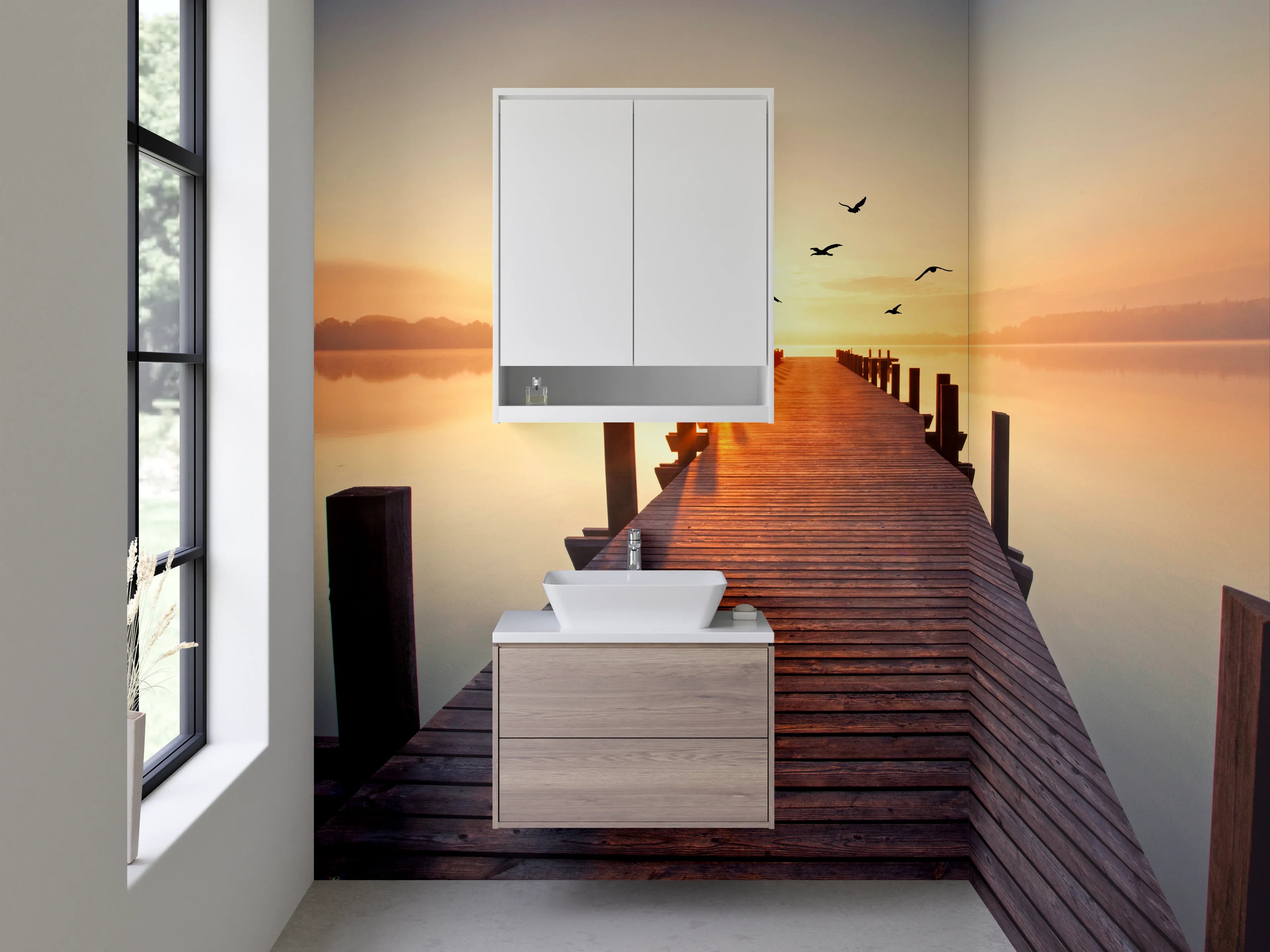 Waschbecken-Rückwand - Steg am See mit Sonnenaufgang