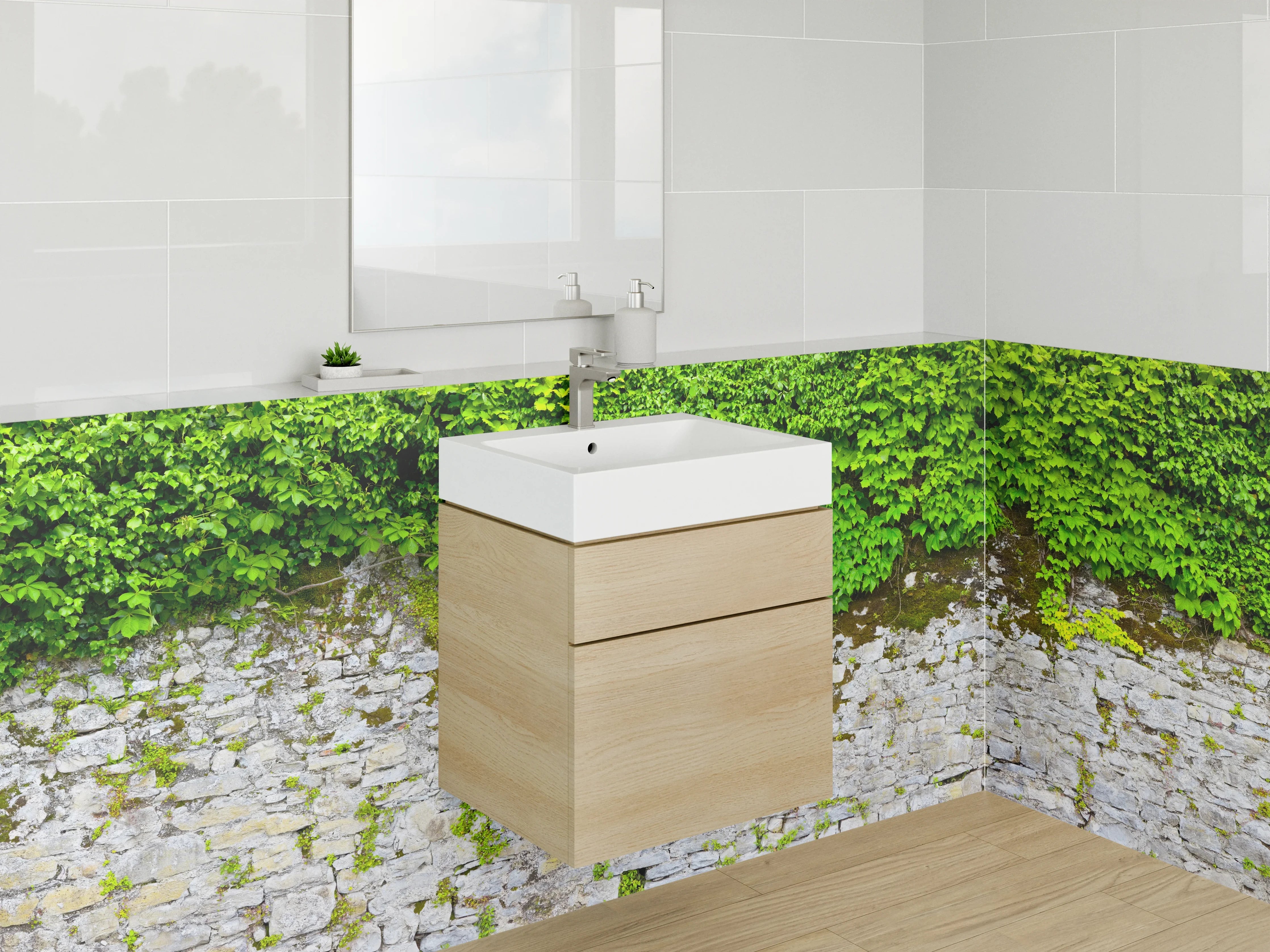 Waschbecken-Rückwand - Steinmauer mit Efeu – Natur Pur