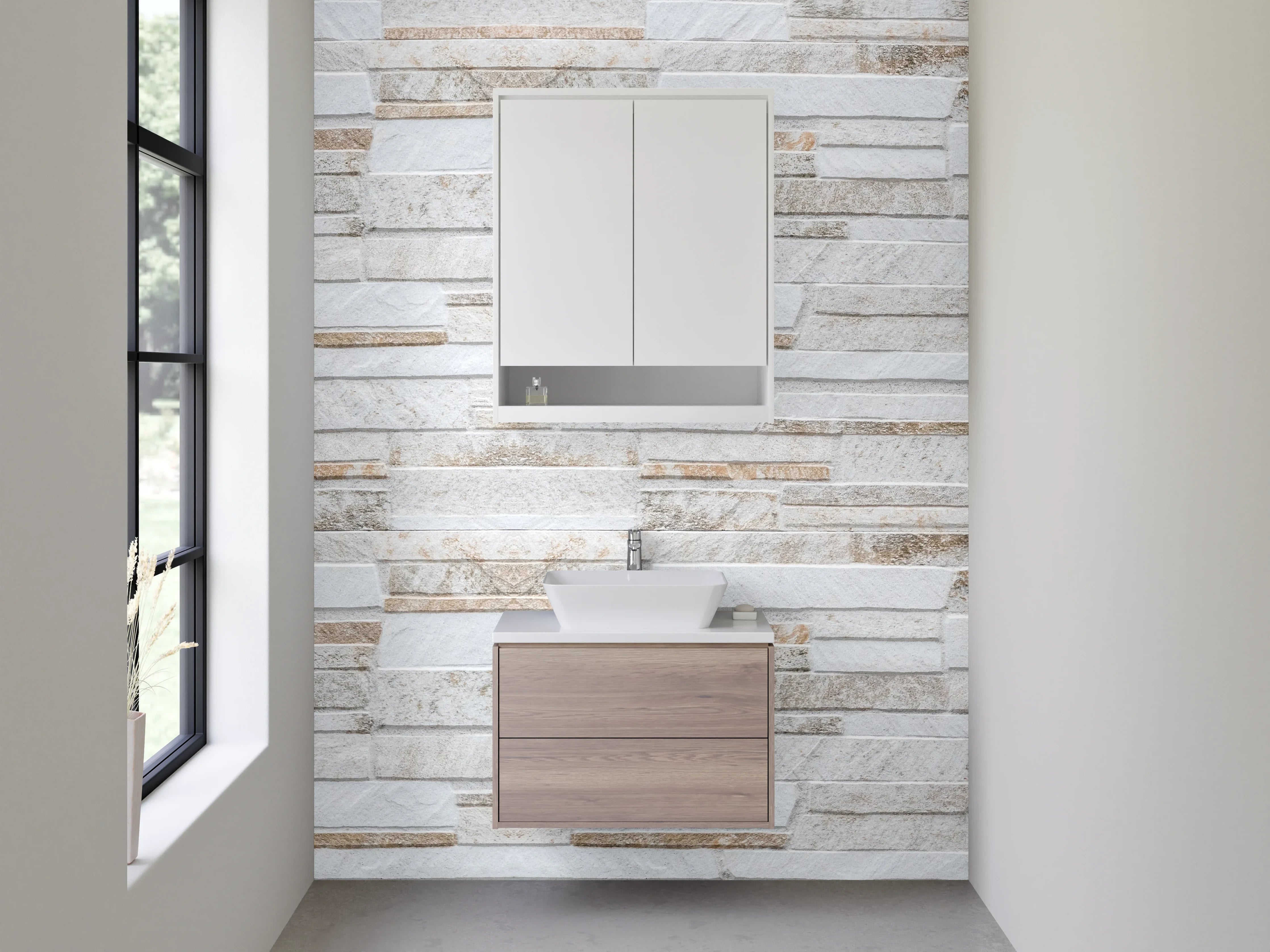 Waschbecken-Rückwand - Steinoptik Fliesen Weiß Grau Beige