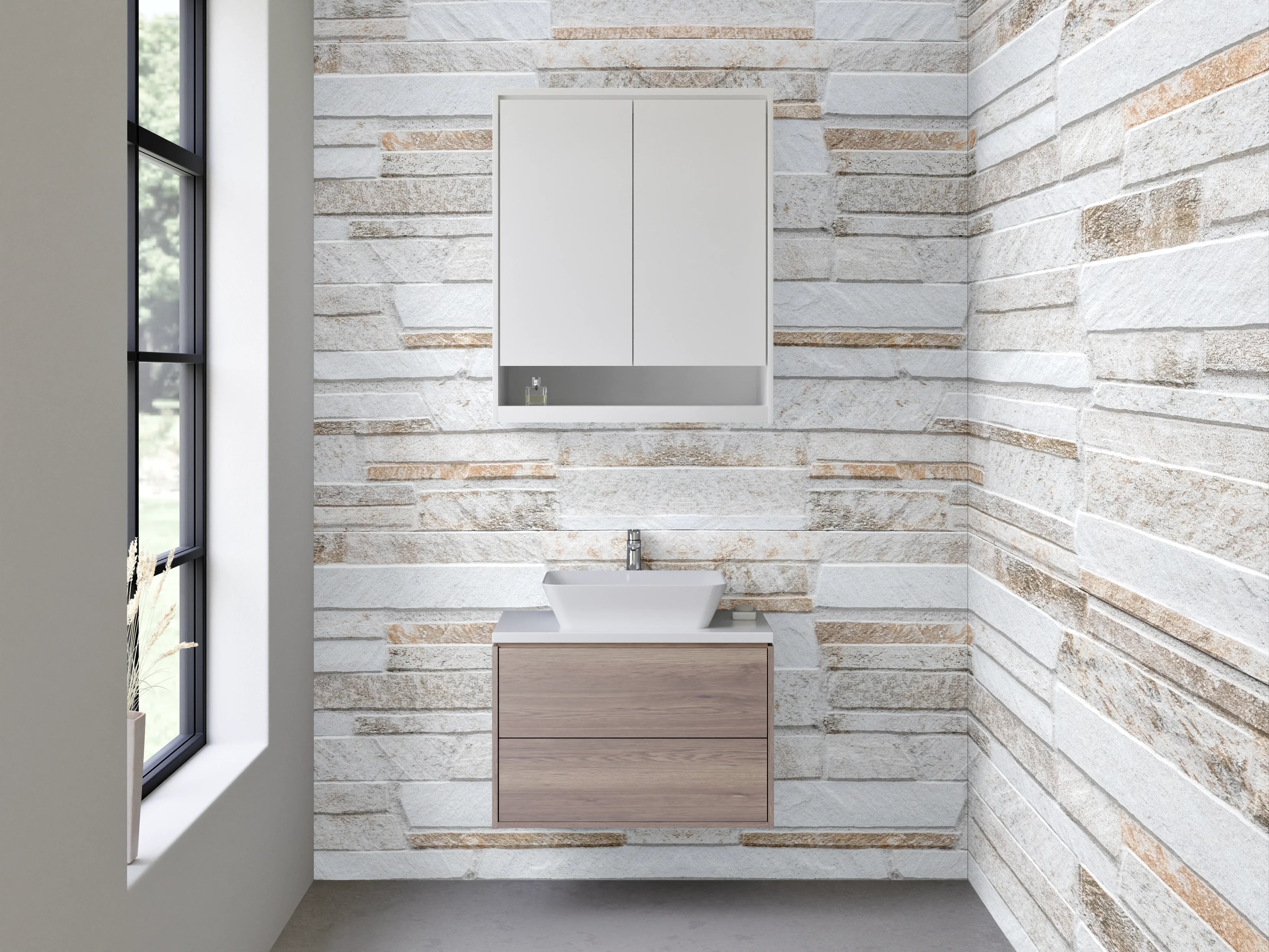 Waschbecken-Rückwand - Steinoptik Fliesen Weiß Grau Beige