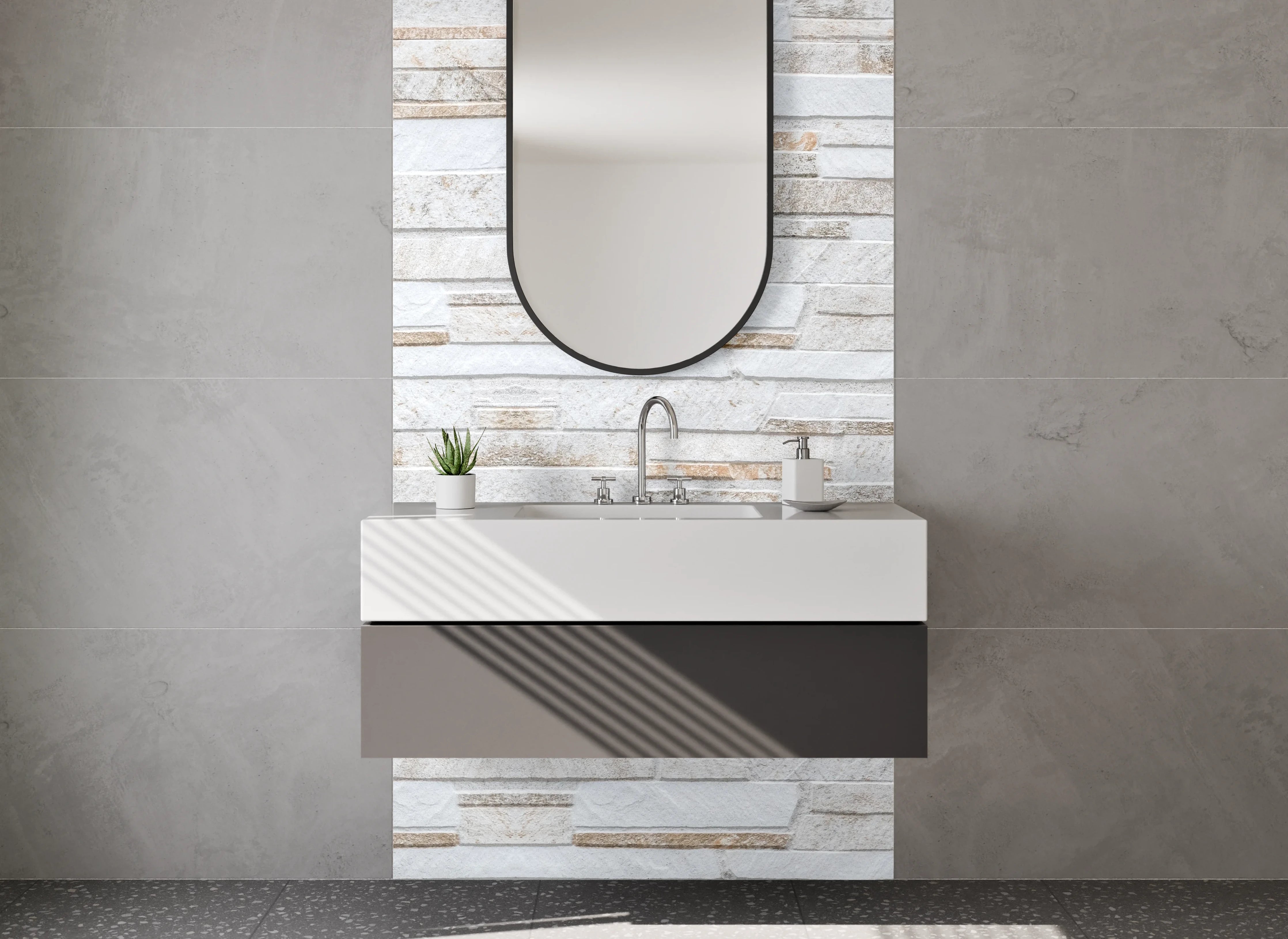 Waschbecken-Rückwand - Steinoptik Fliesen Weiß Grau Beige