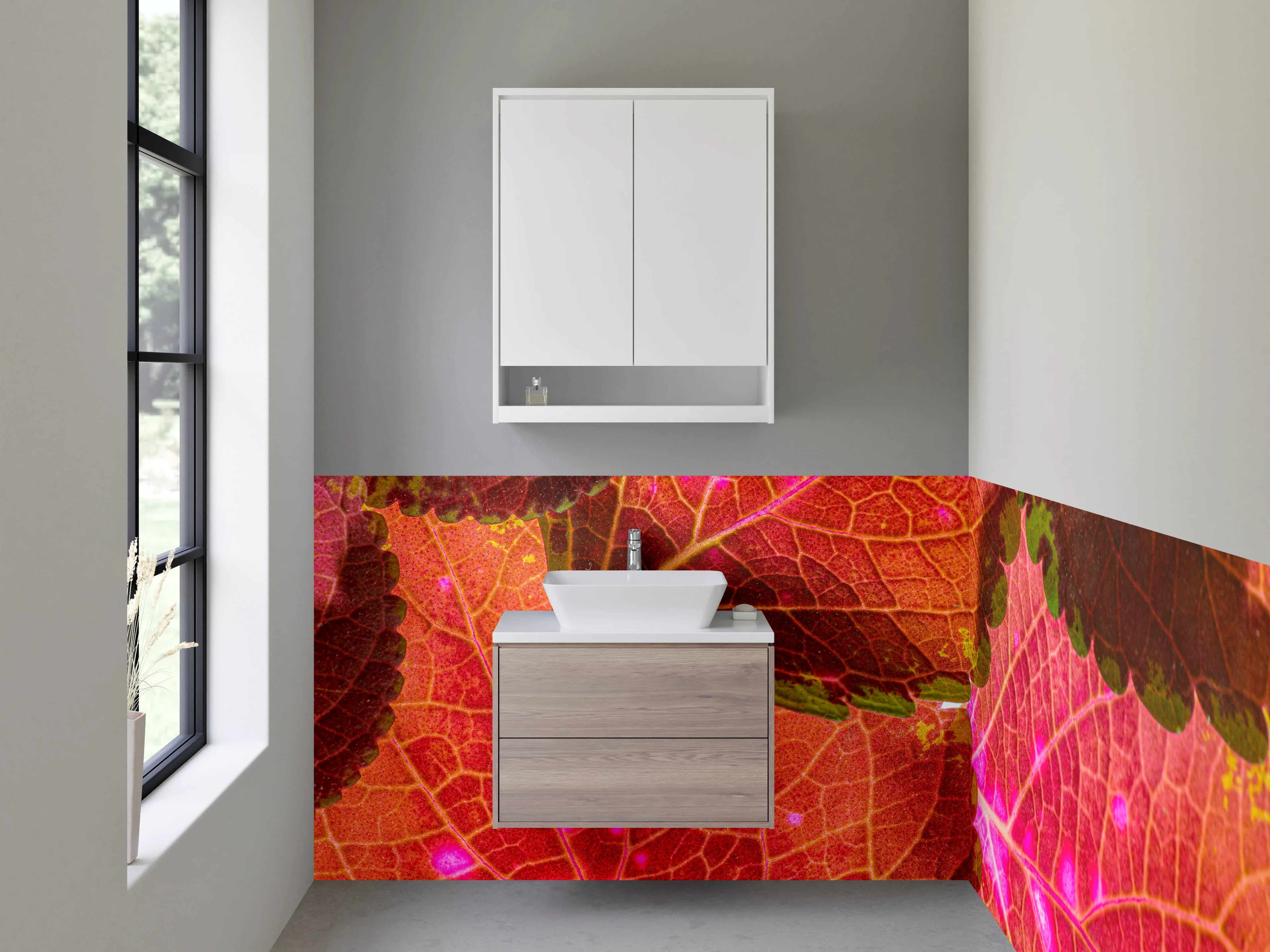 Waschbecken-Rückwand - Strahlende Blätter in Pink und Orange