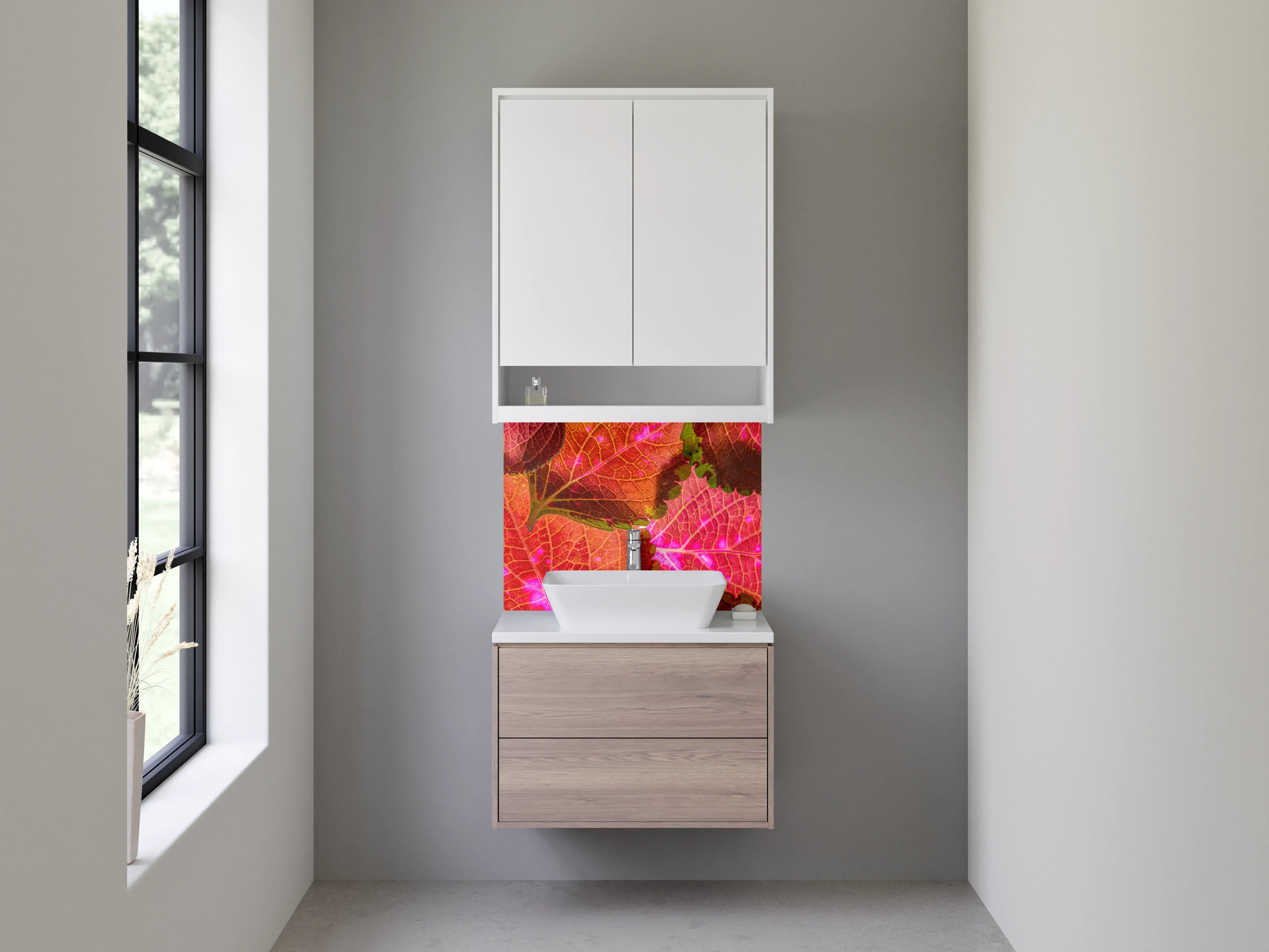 Waschbecken-Rückwand - Strahlende Blätter in Pink und Orange