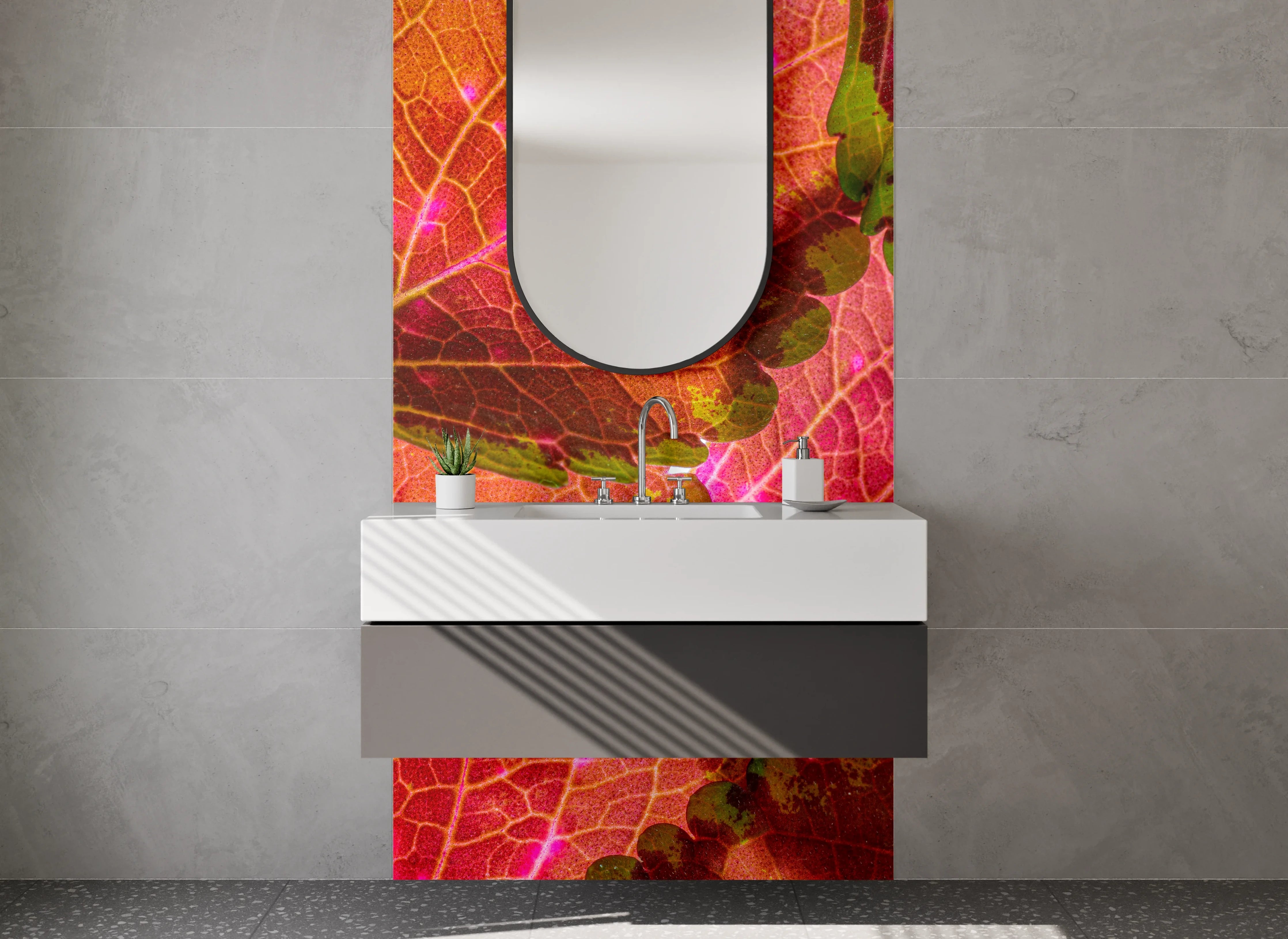 Waschbecken-Rückwand - Strahlende Blätter in Pink und Orange