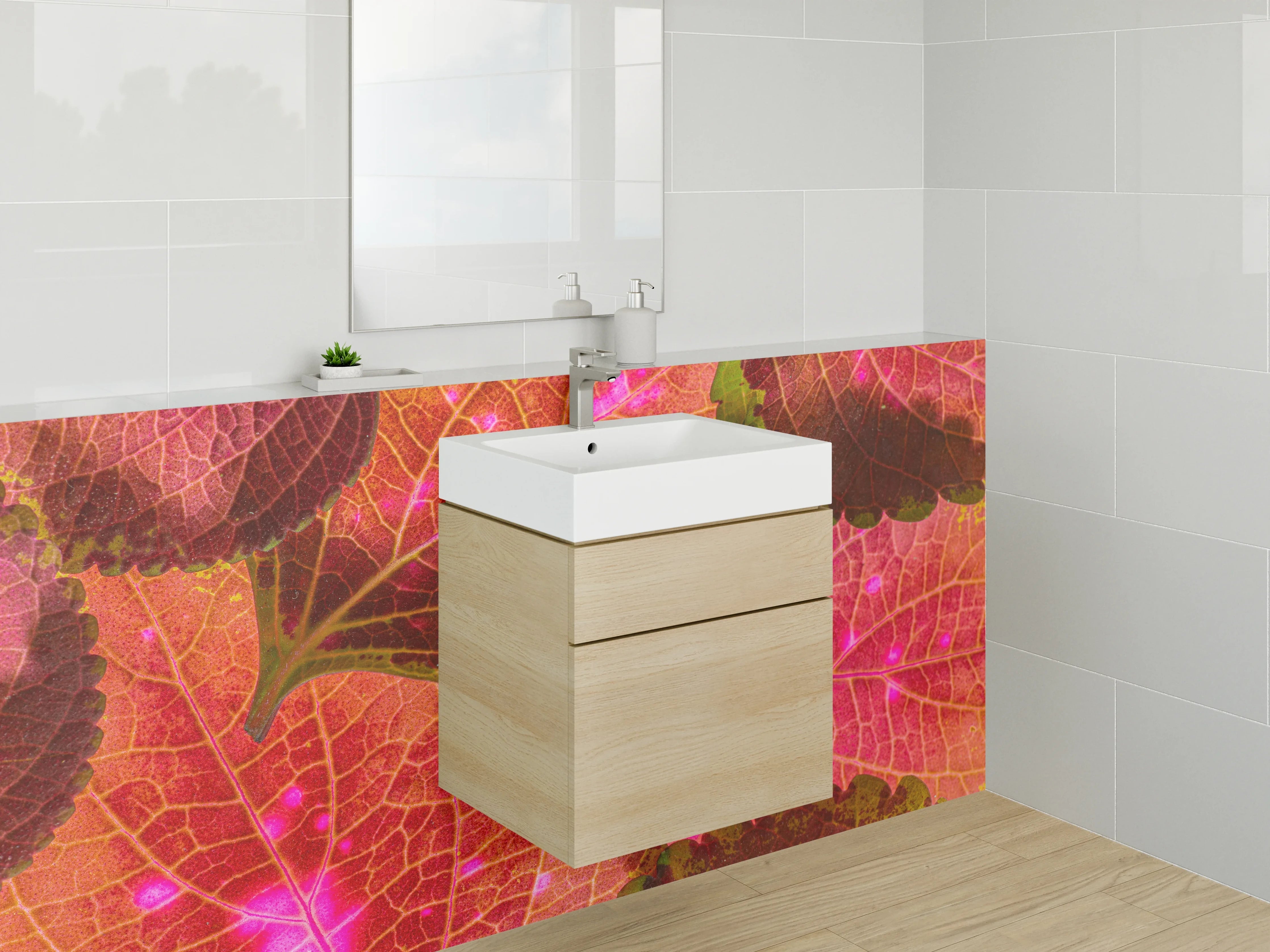 Waschbecken-Rückwand - Strahlende Blätter in Pink und Orange