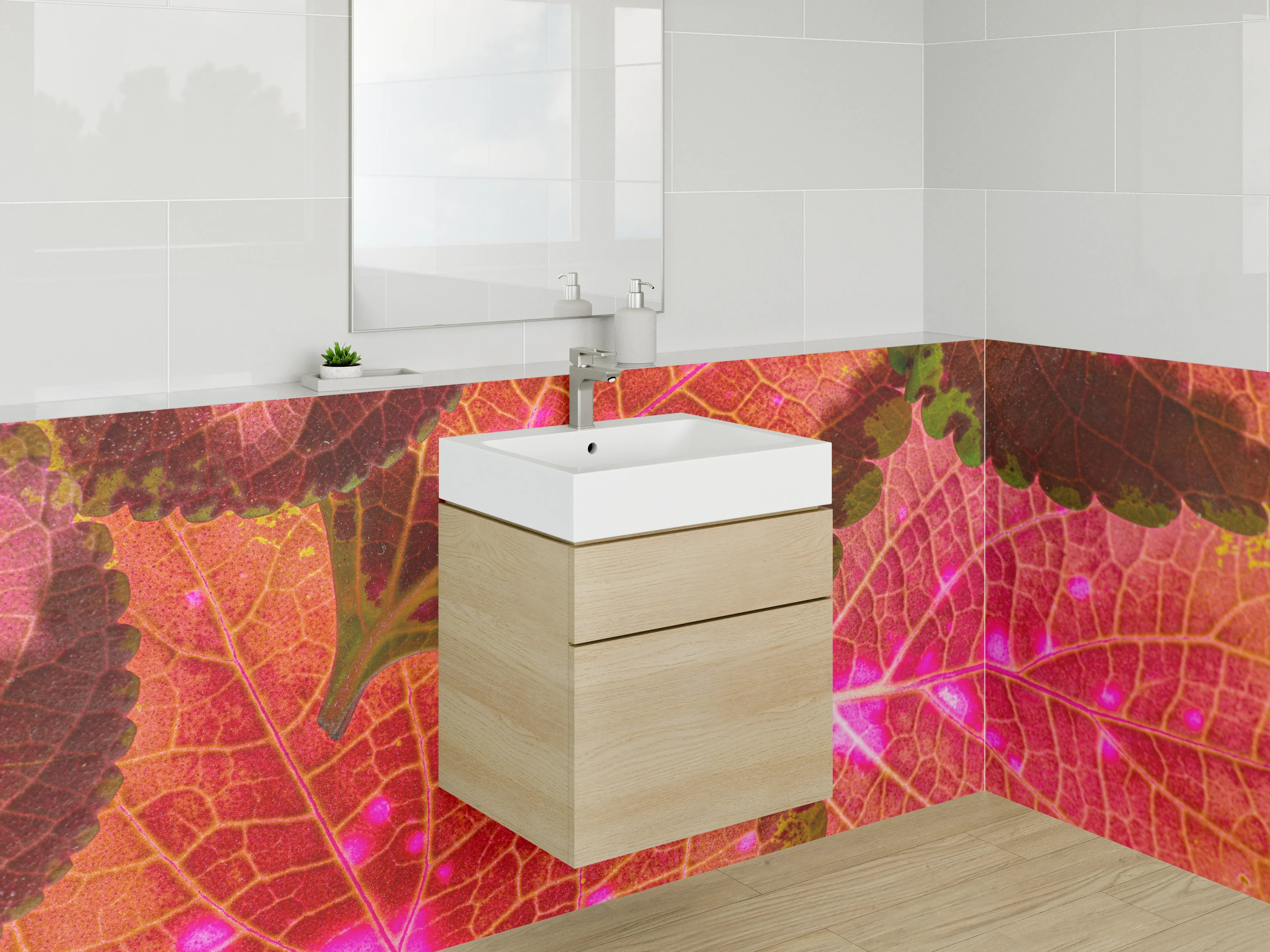 Waschbecken-Rückwand - Strahlende Blätter in Pink und Orange