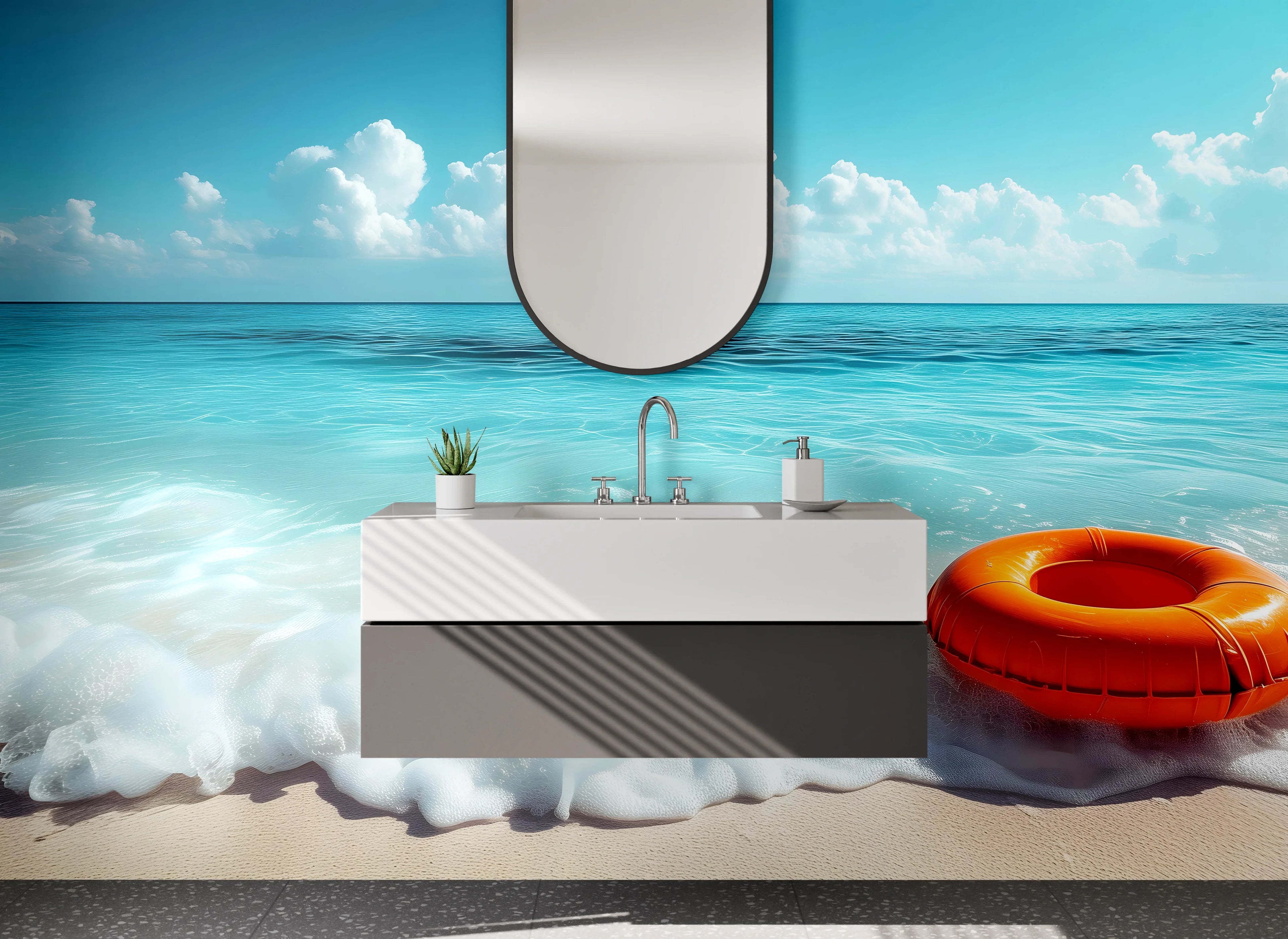 Waschbecken-Rückwand - Strand & Meer mit Rettungsring