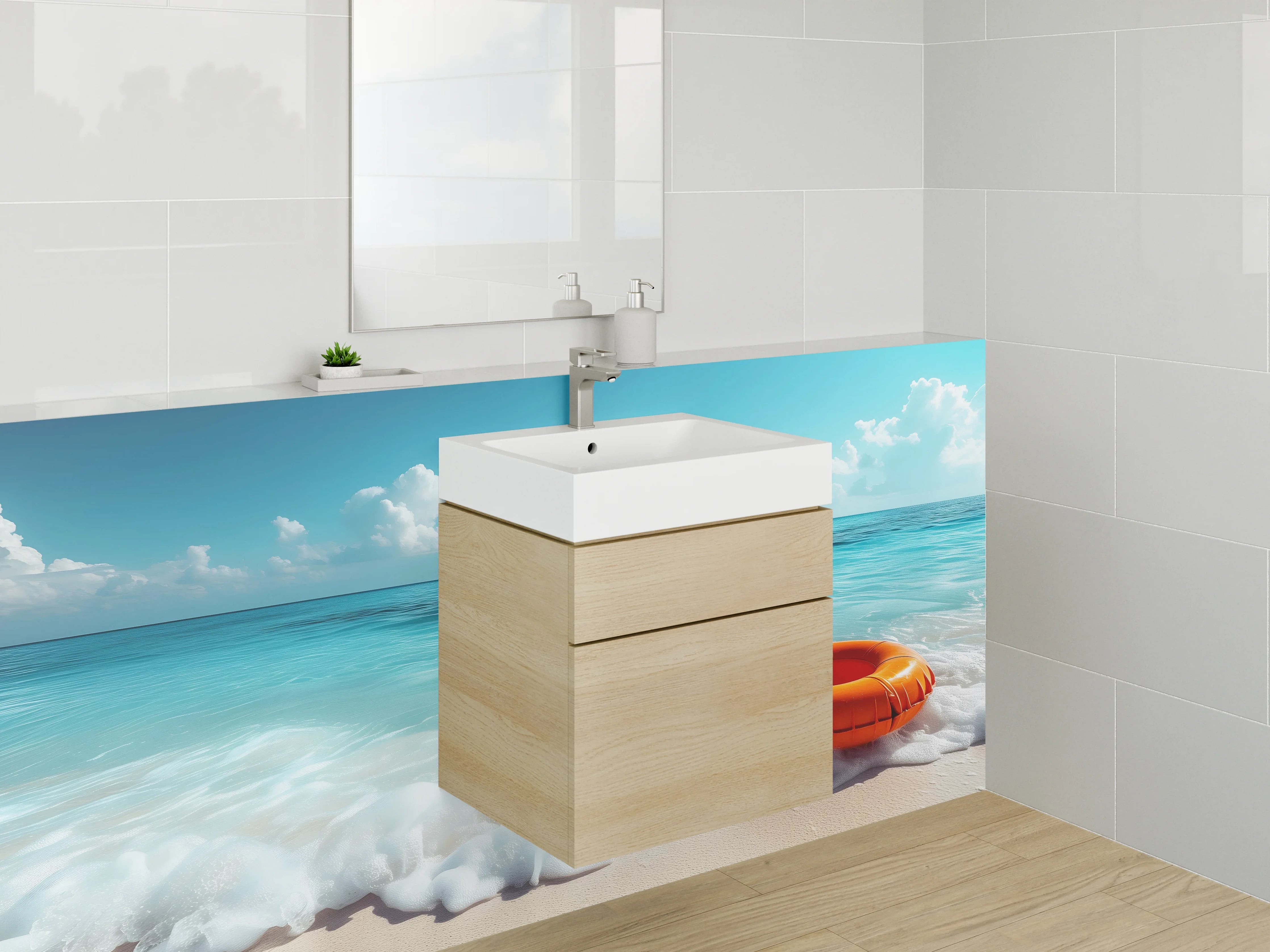 Waschbecken-Rückwand - Strand & Meer mit Rettungsring