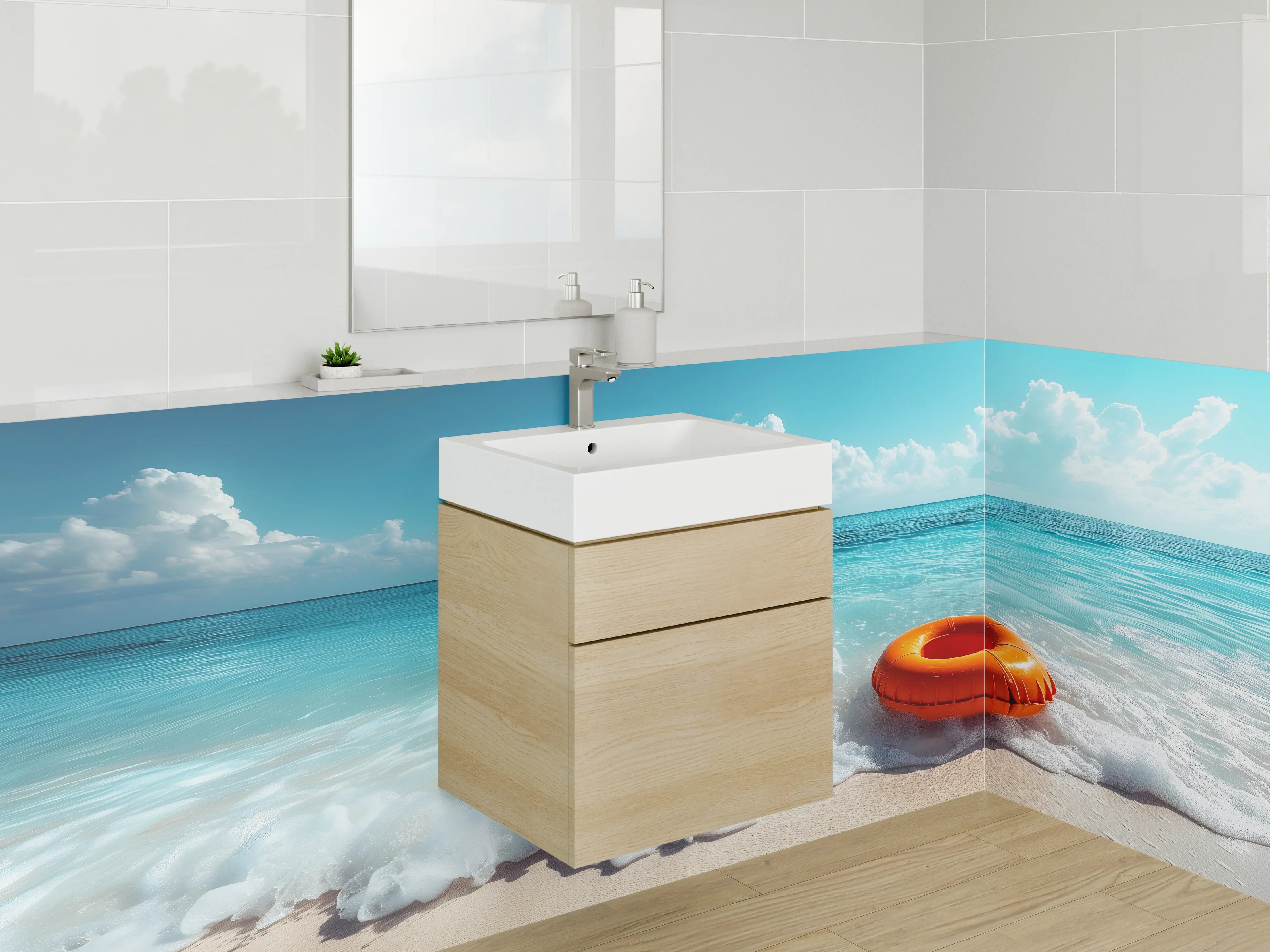 Waschbecken-Rückwand - Strand & Meer mit Rettungsring