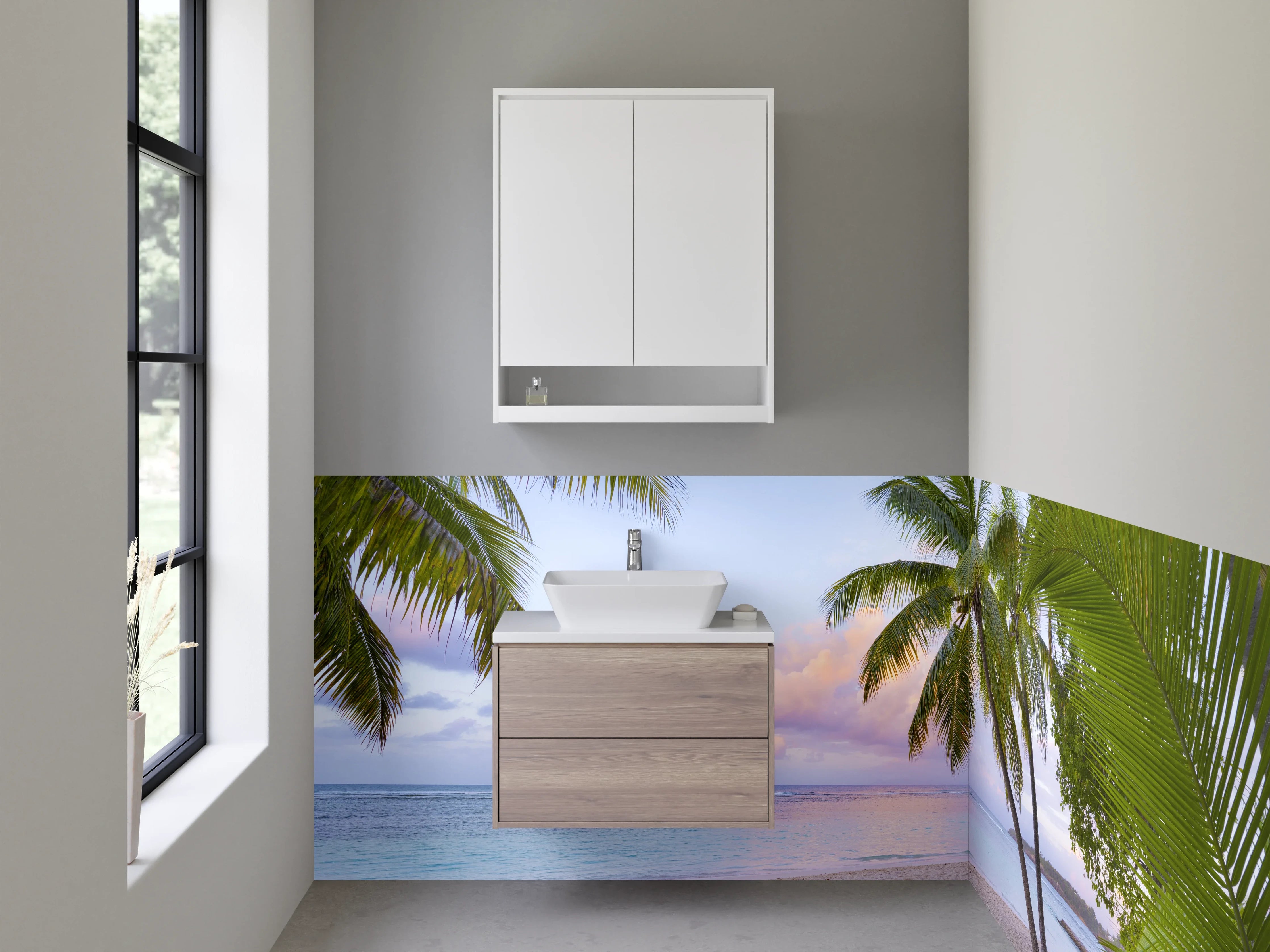 Waschbecken-Rückwand - Strand mit Palmen bei Sonnenaufgang