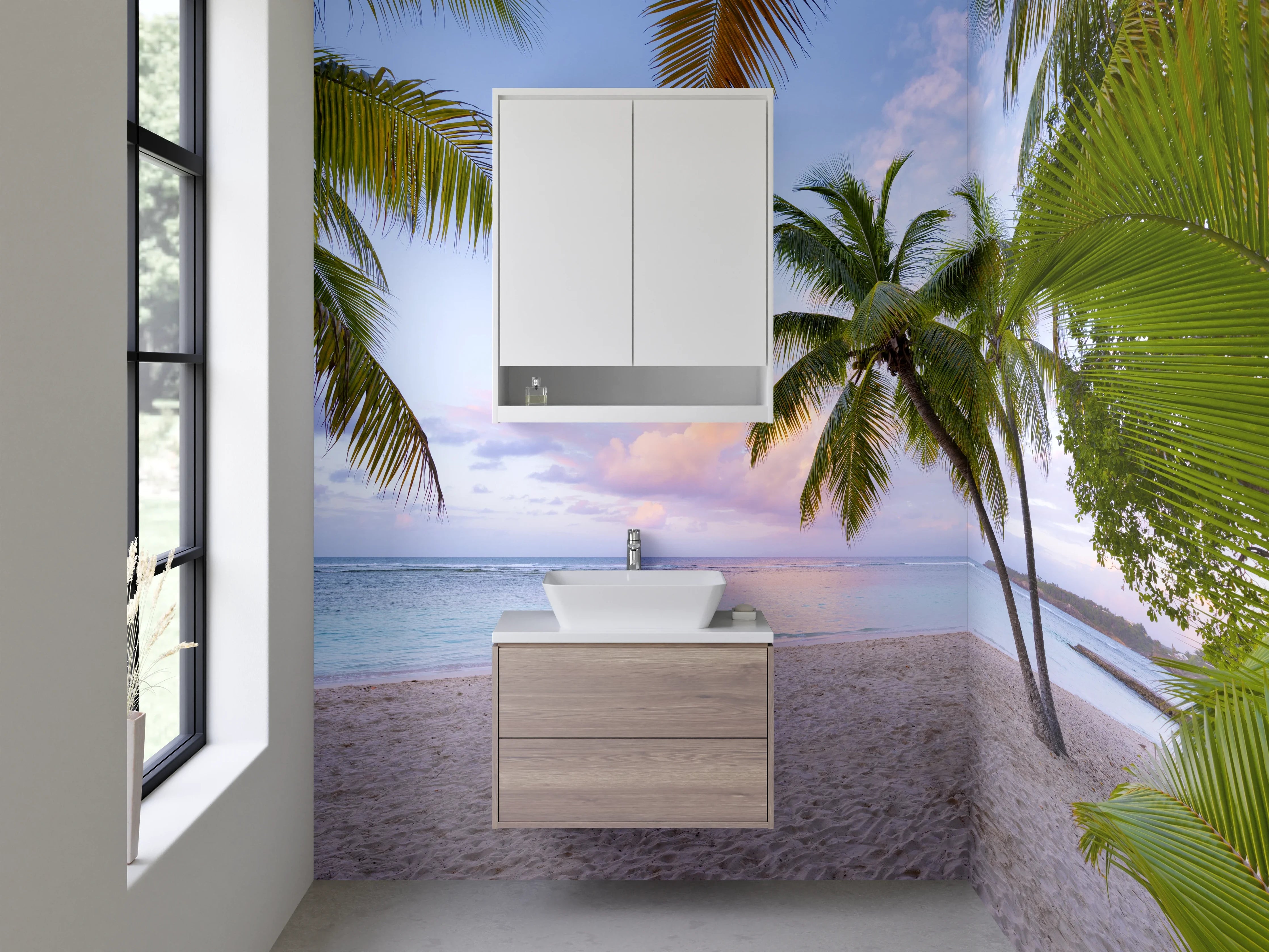 Waschbecken-Rückwand - Strand mit Palmen bei Sonnenaufgang